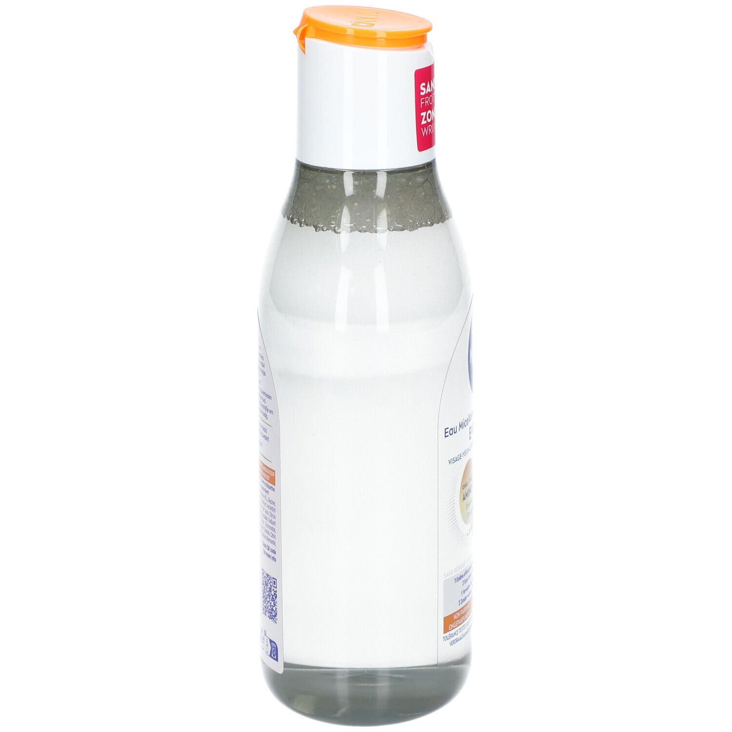 NIVEA MicellAIR Energy. Bouteille, vue latérale. Bouchon blanc, fermeture orange. Étiquette avec informations produit.