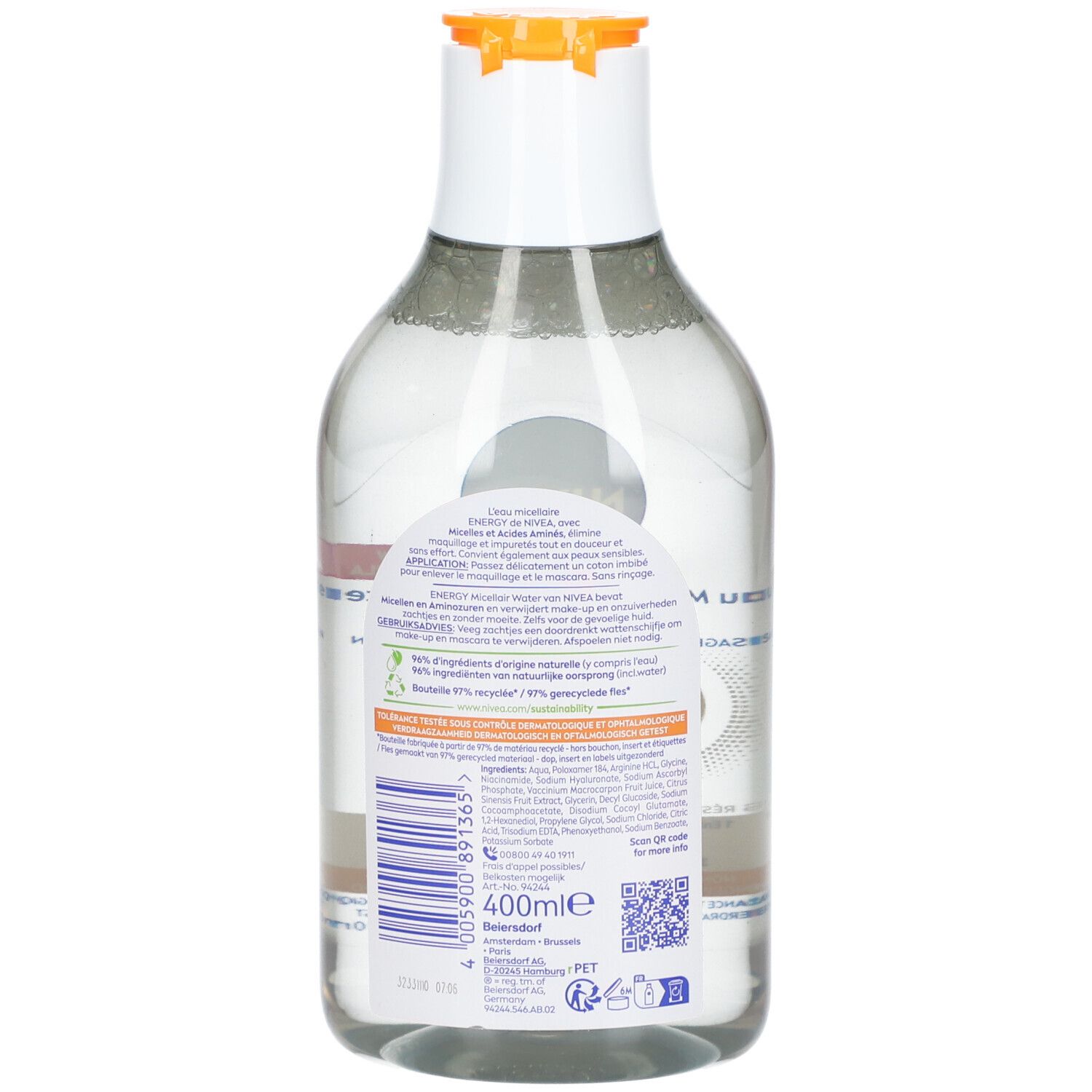 NIVEA MicellAIR Energy. Dos de la bouteille. Étiquette avec ingrédients et informations. 400ml.