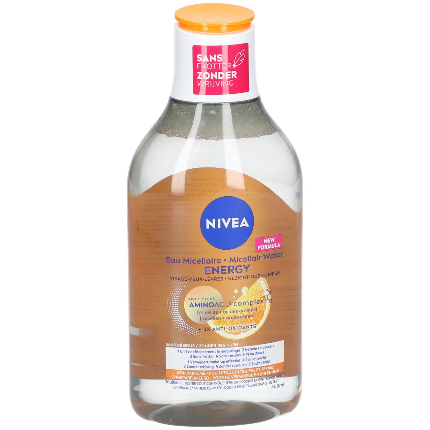 NIVEA MicellAIR Energy. Bouteille avec bouchon orange. Inscription: Eau Micellaire, Micellair Water, Energy. 400ml.