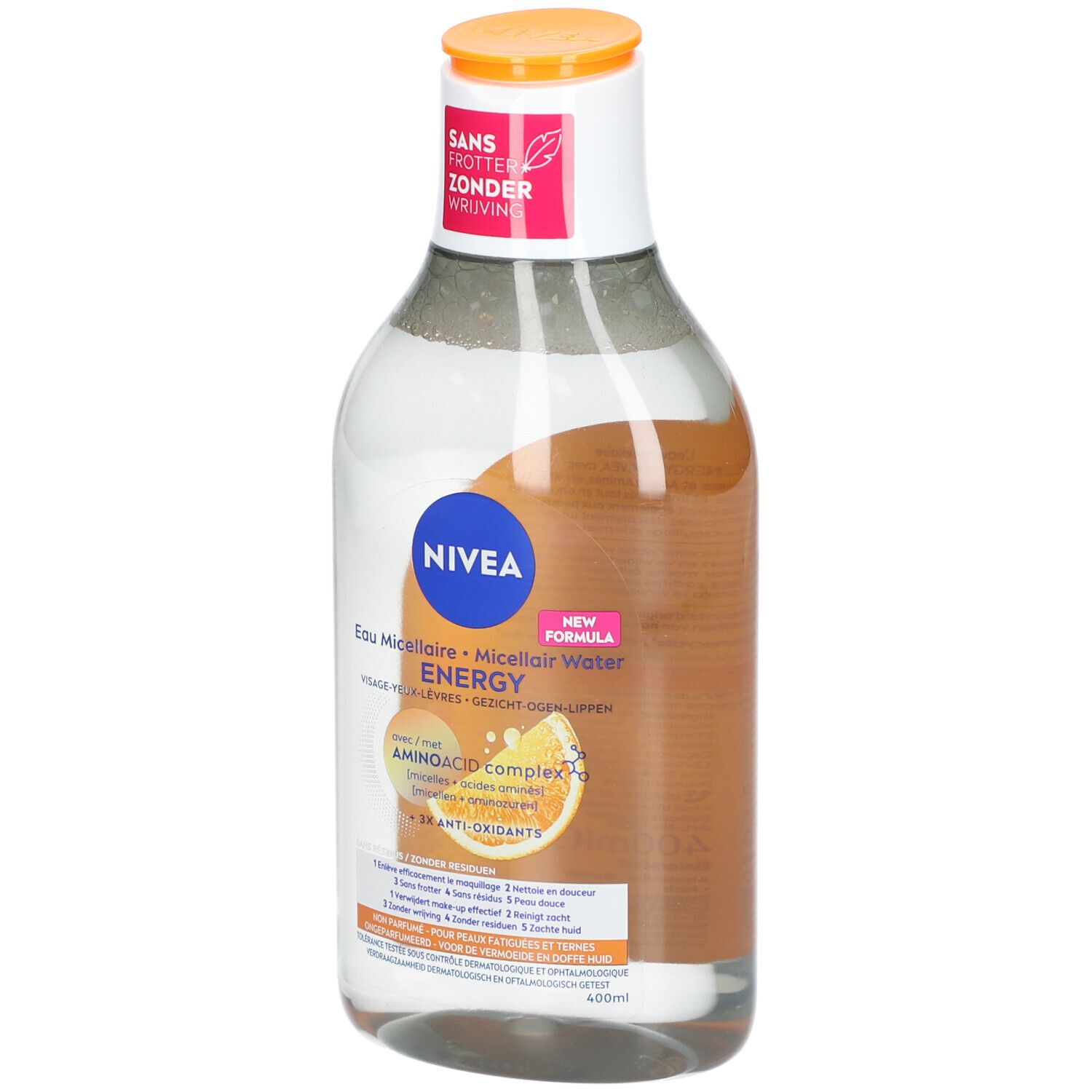 NIVEA MicellAIR Energy. Bouteille avec bouchon orange. Inscription: Eau Micellaire, Micellair Water, Energy. 400ml.