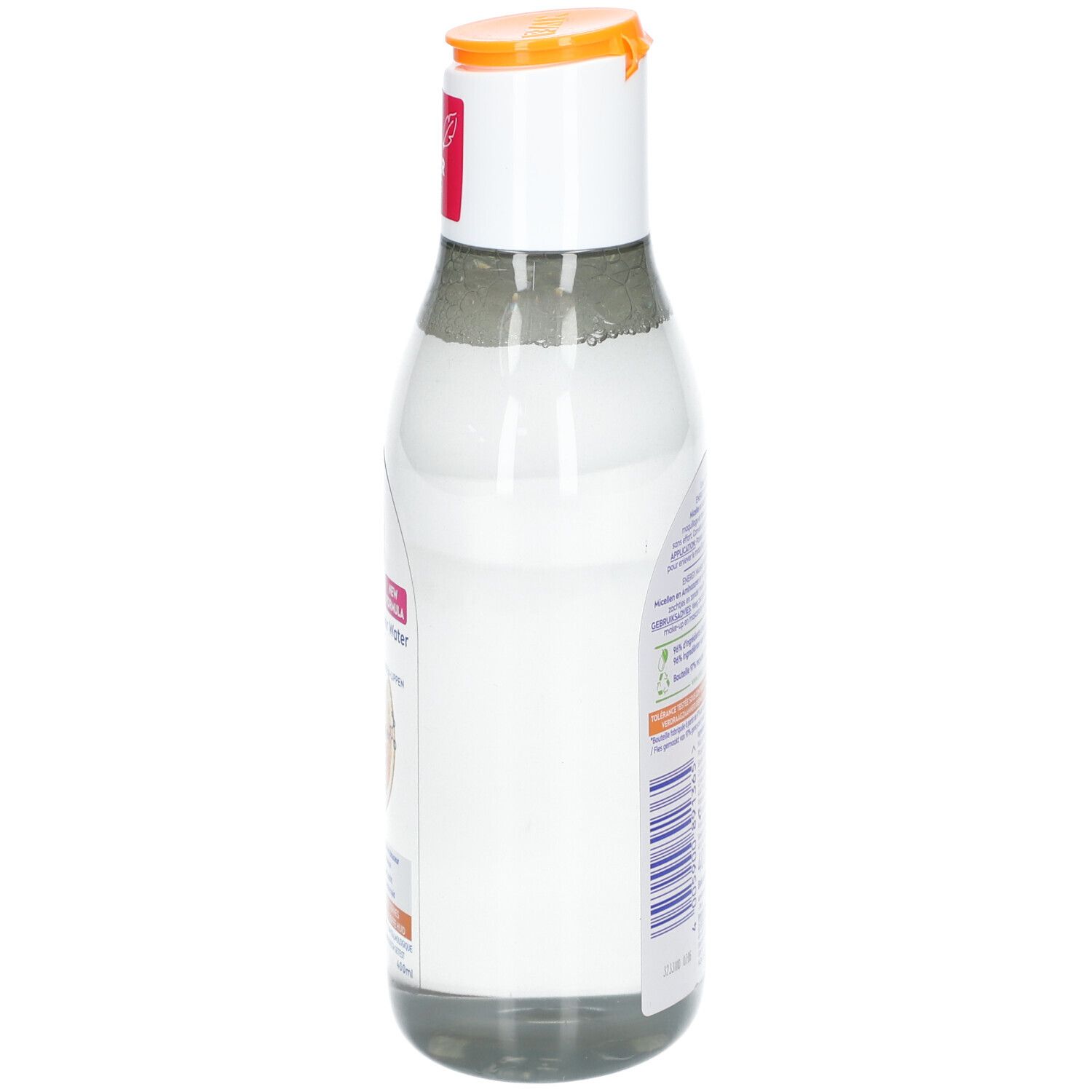 NIVEA MicellAIR Energy. Bouteille, vue latérale. Bouchon blanc, fermeture orange. Étiquette avec informations produit.
