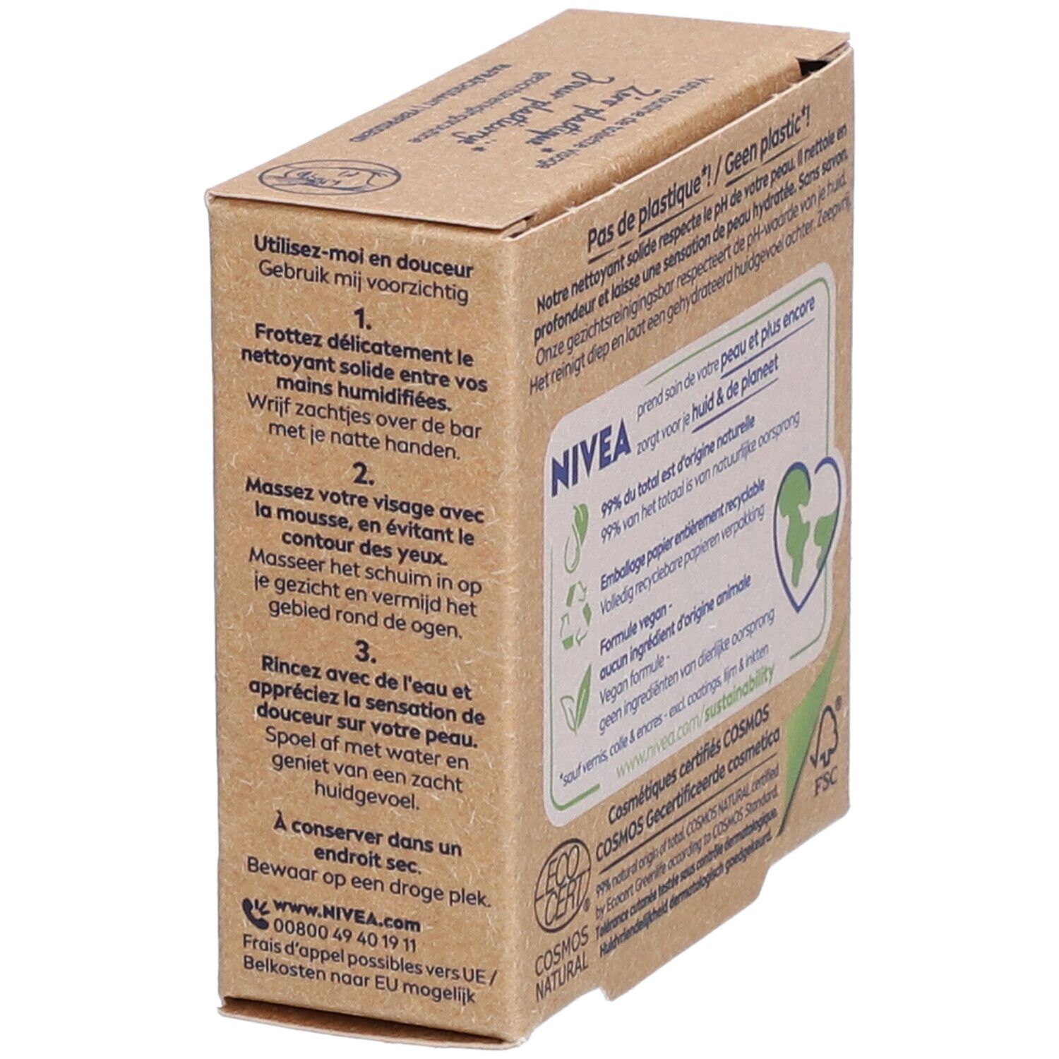 Zijaanzicht van de kartonnen verpakking. Tekst met instructies voor het gebruik van het product.