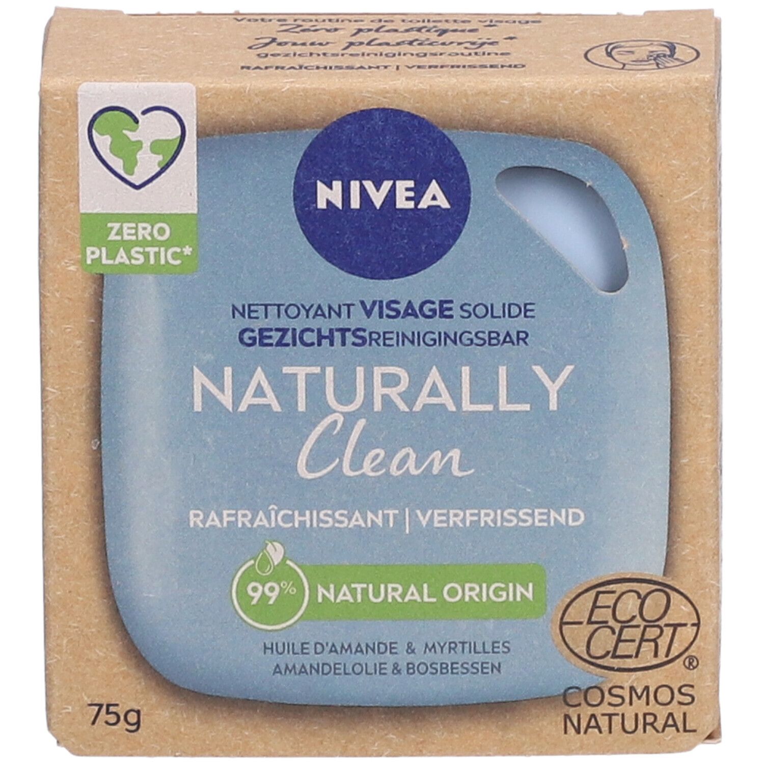 Kartonnen verpakking met NIVEA Naturally Clean. Blauwe zeep, 75g, met EcoCert-label en Zero Plastic-logo.