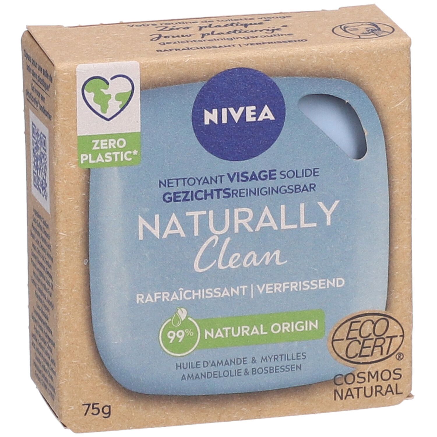 Kartonnen verpakking met NIVEA Naturally Clean. Blauwe zeep, 75g, met EcoCert-label en Zero Plastic-logo.