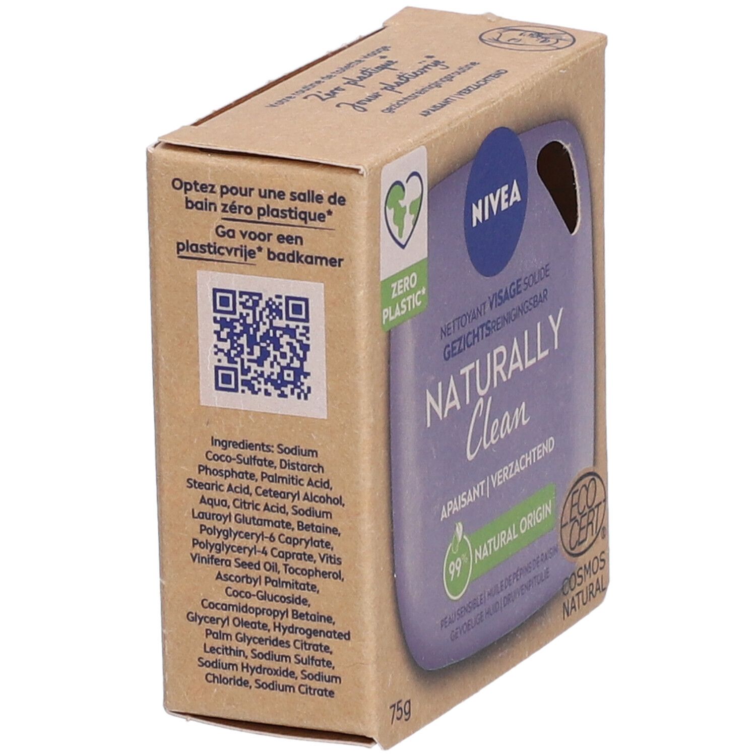 Emballage en carton du NIVEA Naturally Clean. Contient ingrédients, code QR, logo Zero Plastic et textes en allemand, français et néerlandais.