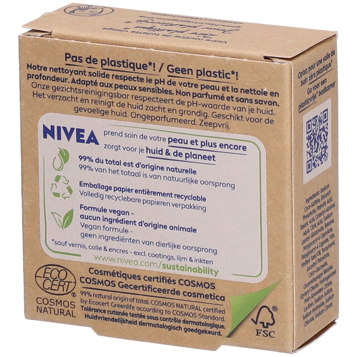Dos de l'emballage en carton du NIVEA Naturally Clean. Textes en allemand, français et néerlandais, logo EcoCert, logo FSC.