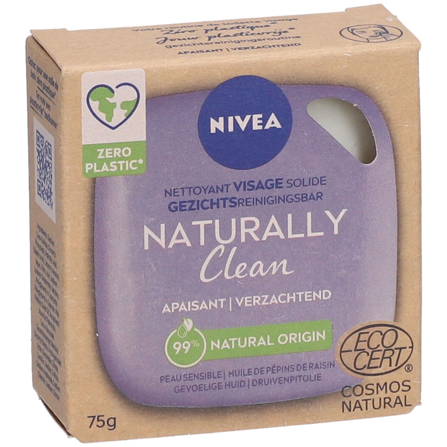 NIVEA Naturally Clean, nettoyant visage solide, emballage carton. Savon violet visible, 75g, avec logo EcoCert et textes en allemand, français et néerlandais.