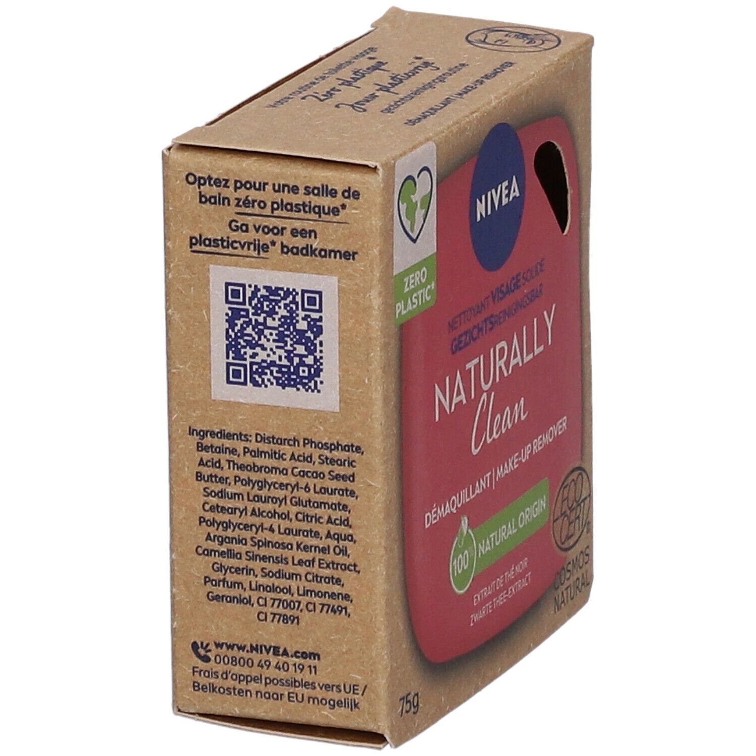 Kartonnen verpakking van NIVEA Naturally Clean make-up remover. Ingrediënten en QR-code. EcoCert certificering.