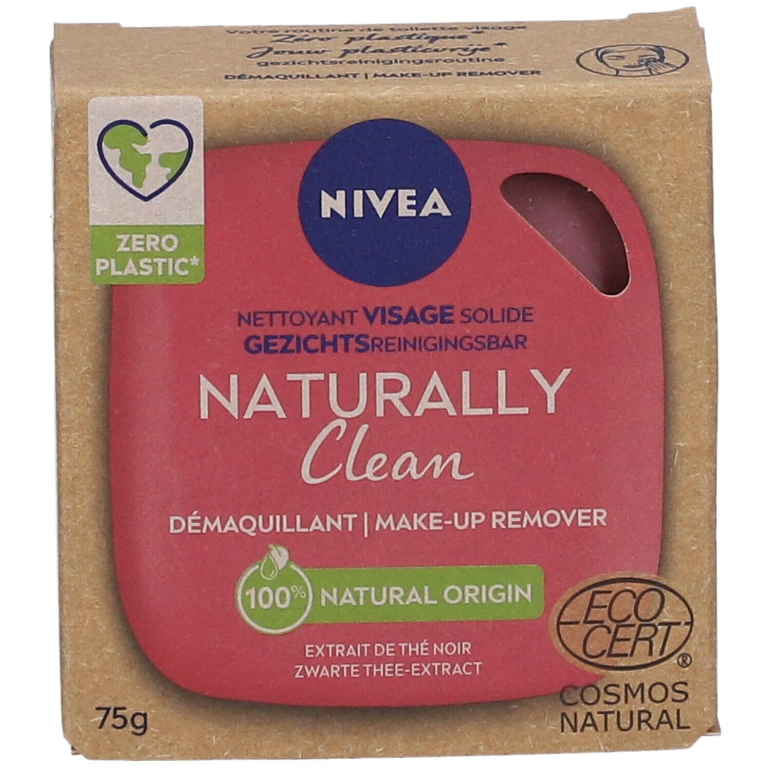 NIVEA Naturally Clean make-up remover. Roze zeep in kartonnen verpakking. Zwarte thee extract. EcoCert certificering.