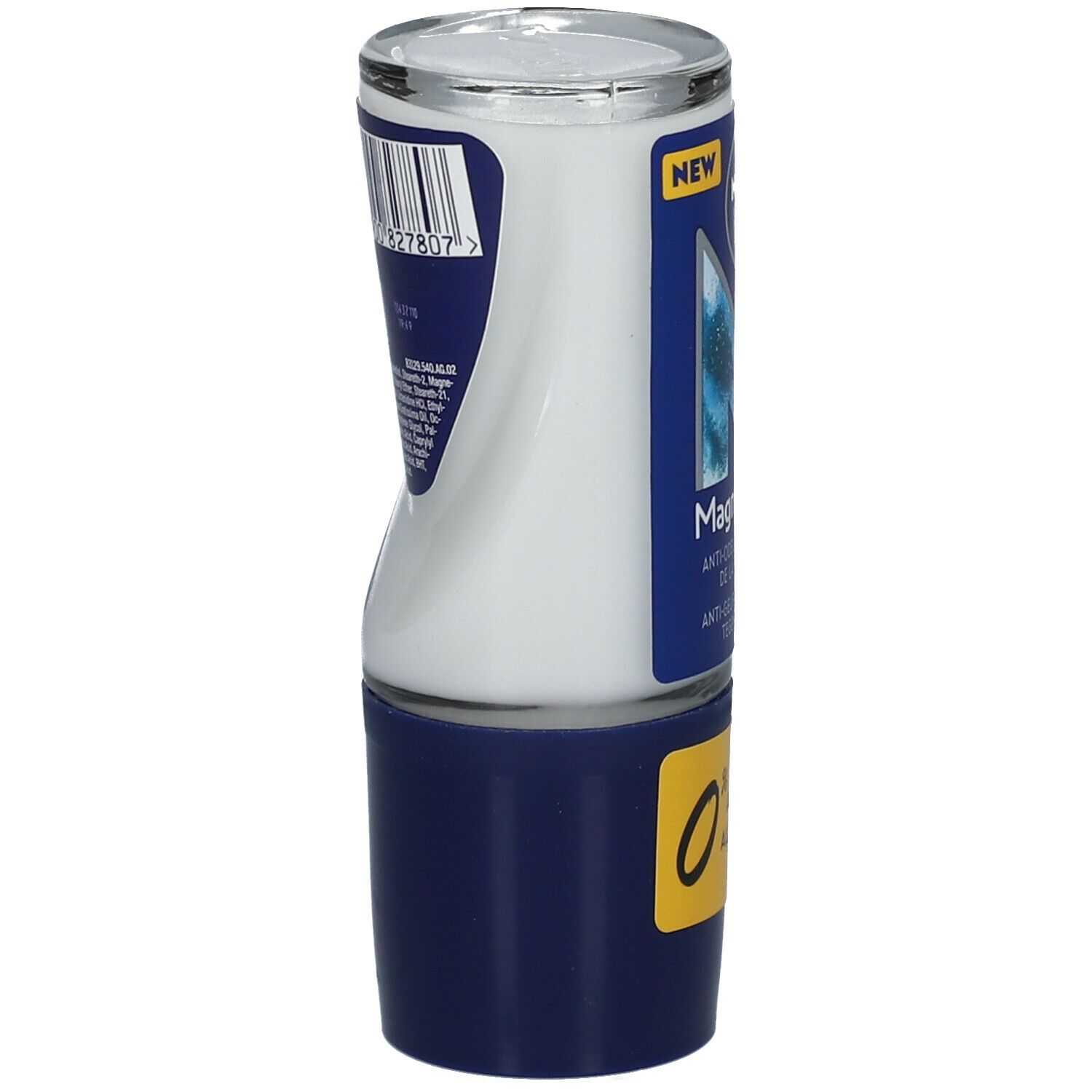 Roll-on-Deodorant. Weiße Flasche mit blauer Kappe. Aufschrift: NIVEA MEN. Rückseite mit Barcode.
