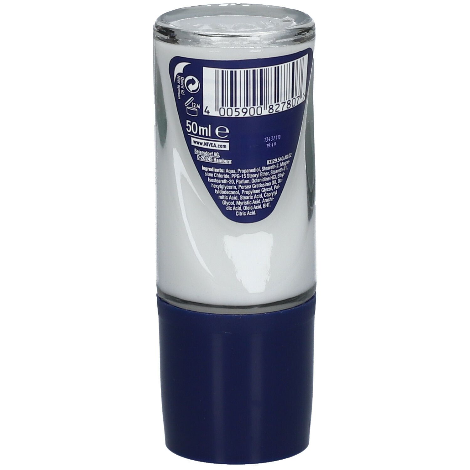 Roll-on-Deodorant. Rückseite mit Inhaltsangaben und Barcode. 50ml. Aufschrift: NIVEA.