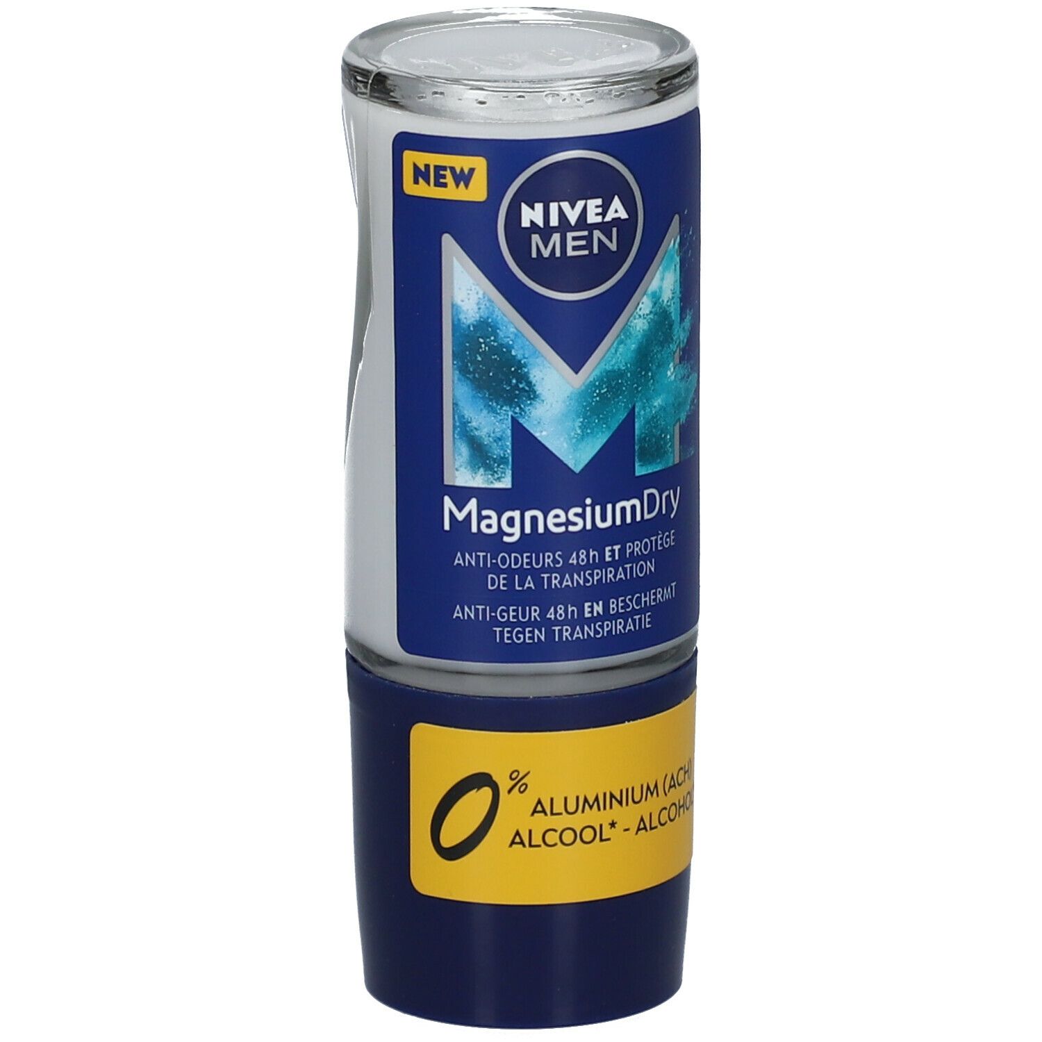Roll-on-Deodorant. Blau-weiße Verpackung. Aufschrift: NIVEA MEN MagnesiumDry. 0% Aluminium (ACH) Alcool.