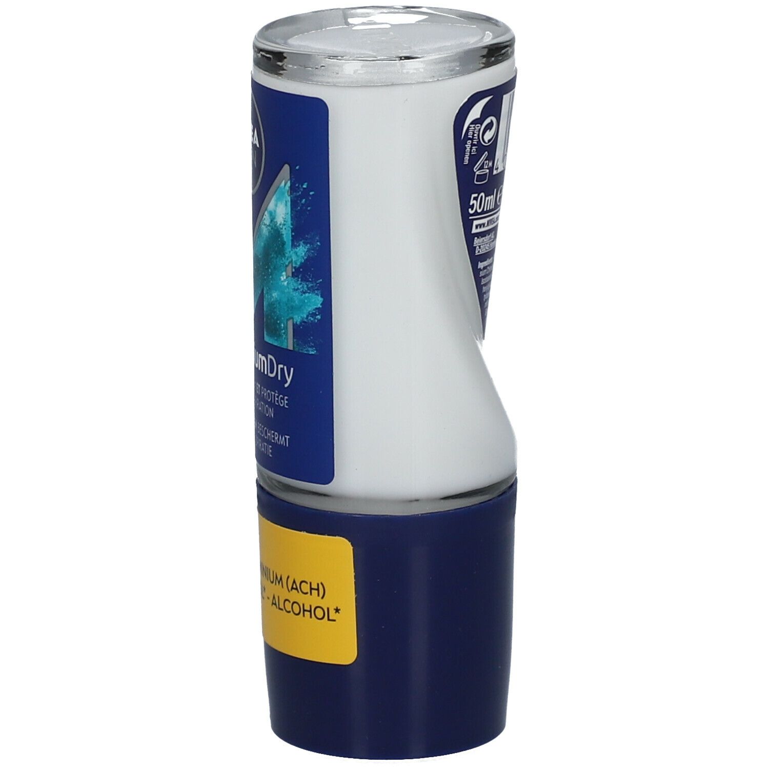 Roll-on-Deodorant. Weiße Flasche mit blauer Kappe. Aufschrift: NIVEA MEN. 50ml.