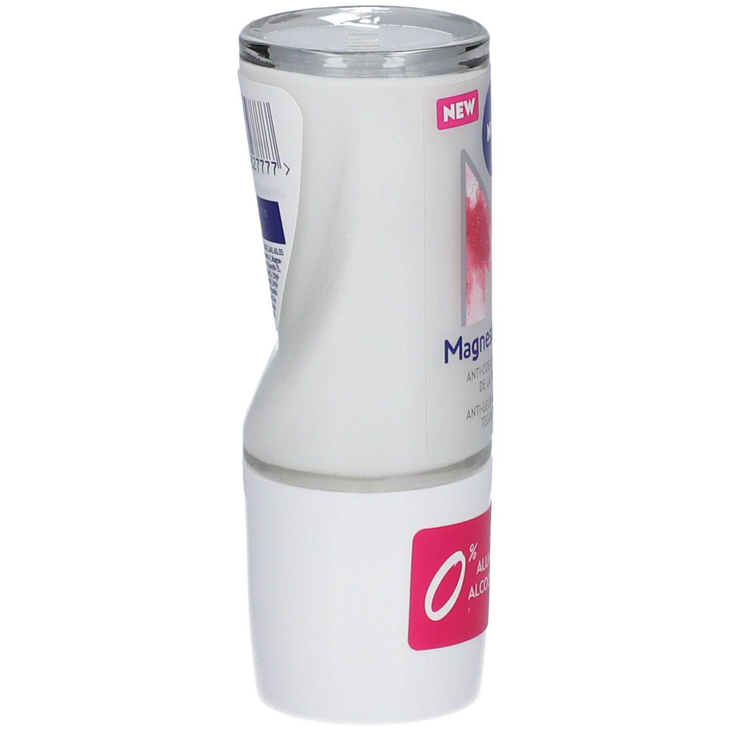 Deo-Roller, weißes Gehäuse mit blauer und pinkfarbener Beschriftung. Seitliche Ansicht, leicht gebogen.
