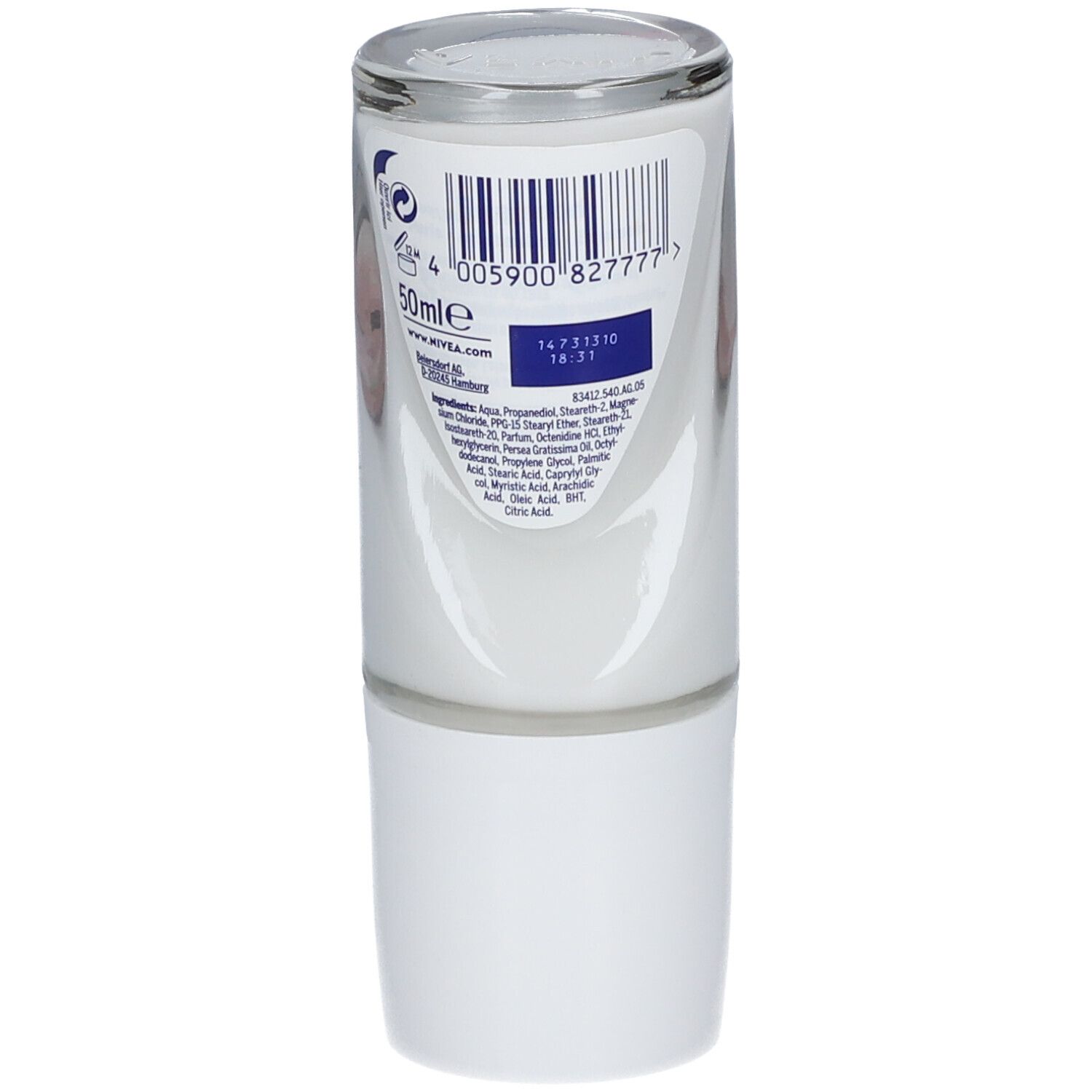 Deo-Roller, Rückseite mit Barcode und Inhaltsangaben. Transparenter Deckel, weißes Gehäuse.