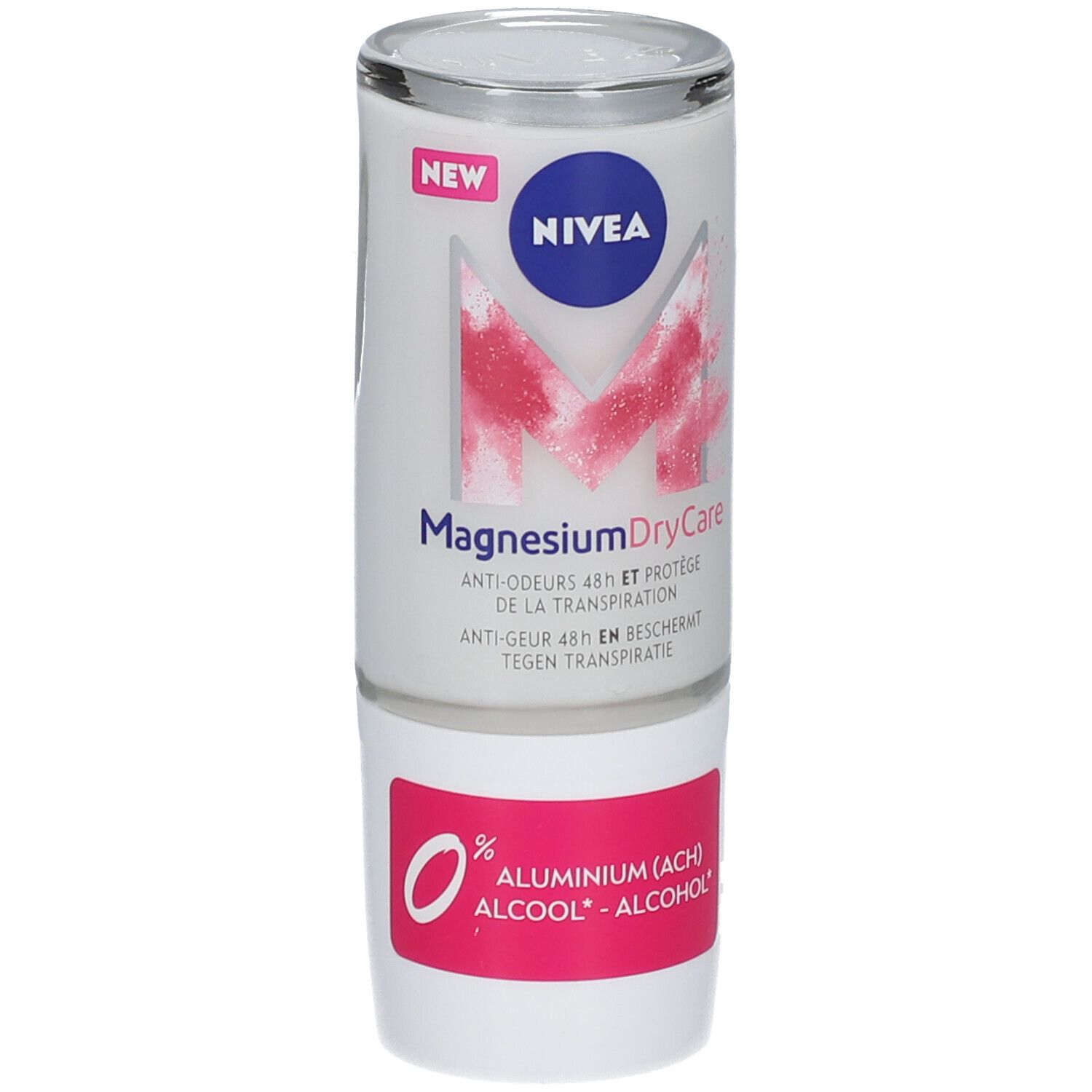 Deo-Roller mit weißem Gehäuse, blauem NIVEA-Logo und pinkfarbenem Akzent. Aufschrift: Magnesium DryCare, 0% Aluminium.