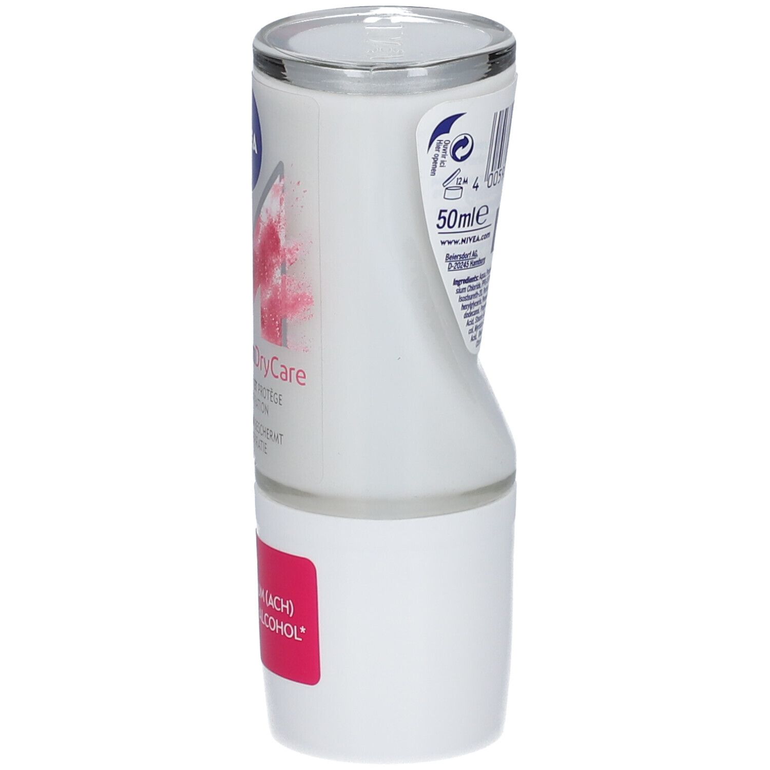 Deo-Roller, weißes Gehäuse mit blauer und pinkfarbener Beschriftung. Seitliche Ansicht, leicht gebogen.