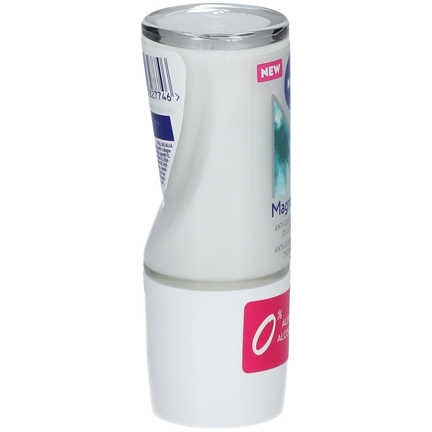 Roll-on-Deodorant. Seitliche Ansicht. Weißes Gehäuse mit silbernem Deckel. Barcode und Text auf der Rückseite.