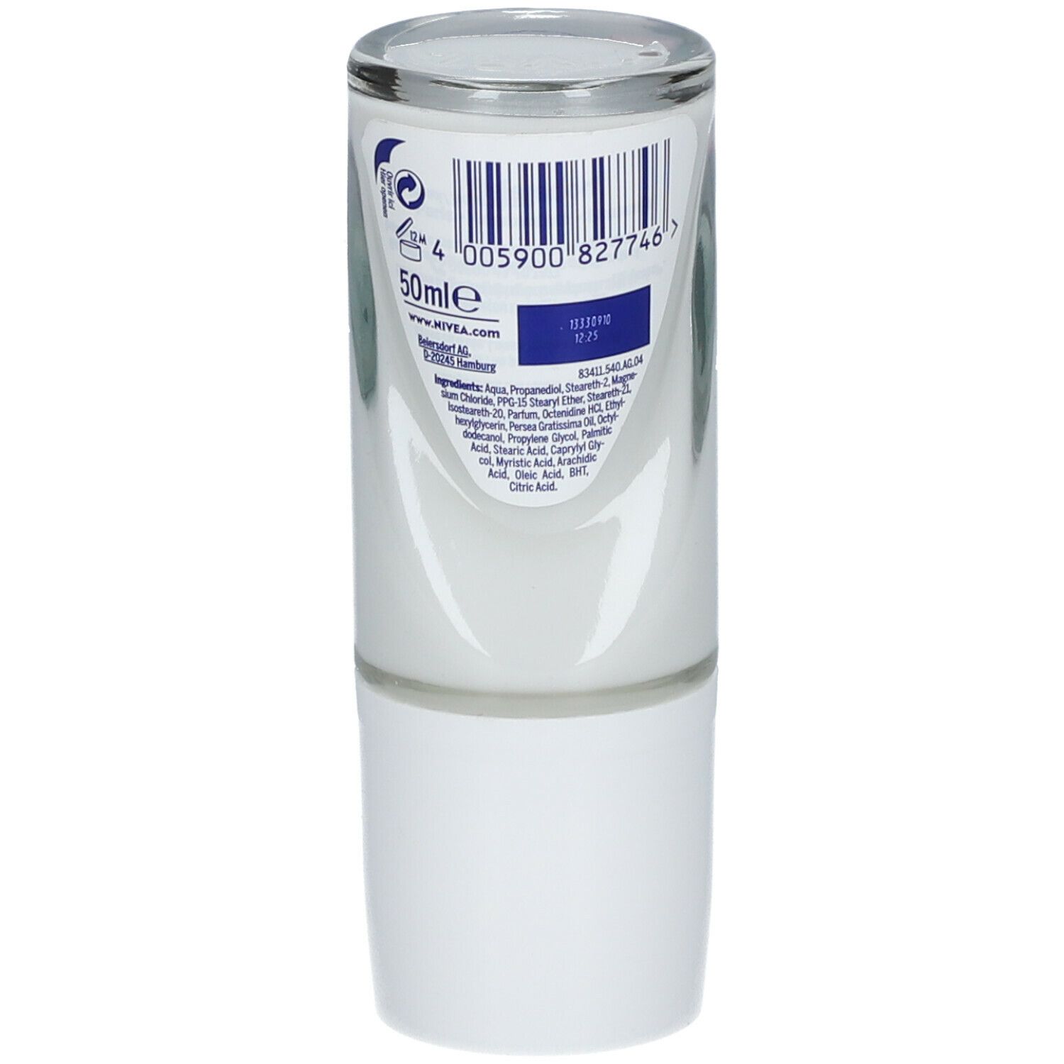 Roll-on-Deodorant. Rückseite. Weißes Gehäuse mit silbernem Deckel. Text und Inhaltsstoffe.