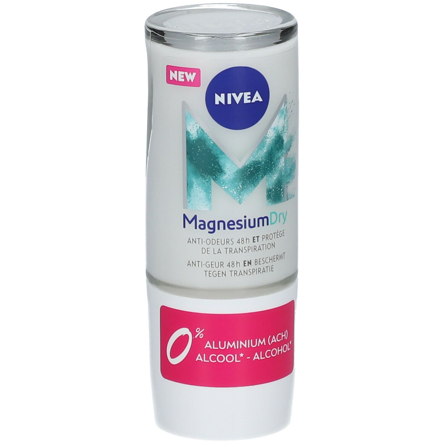 Roll-on-Deodorant. Weißes Gehäuse mit blauem Logo und Schriftzug MagnesiumDry. Pinkfarbener Aufkleber mit Text.