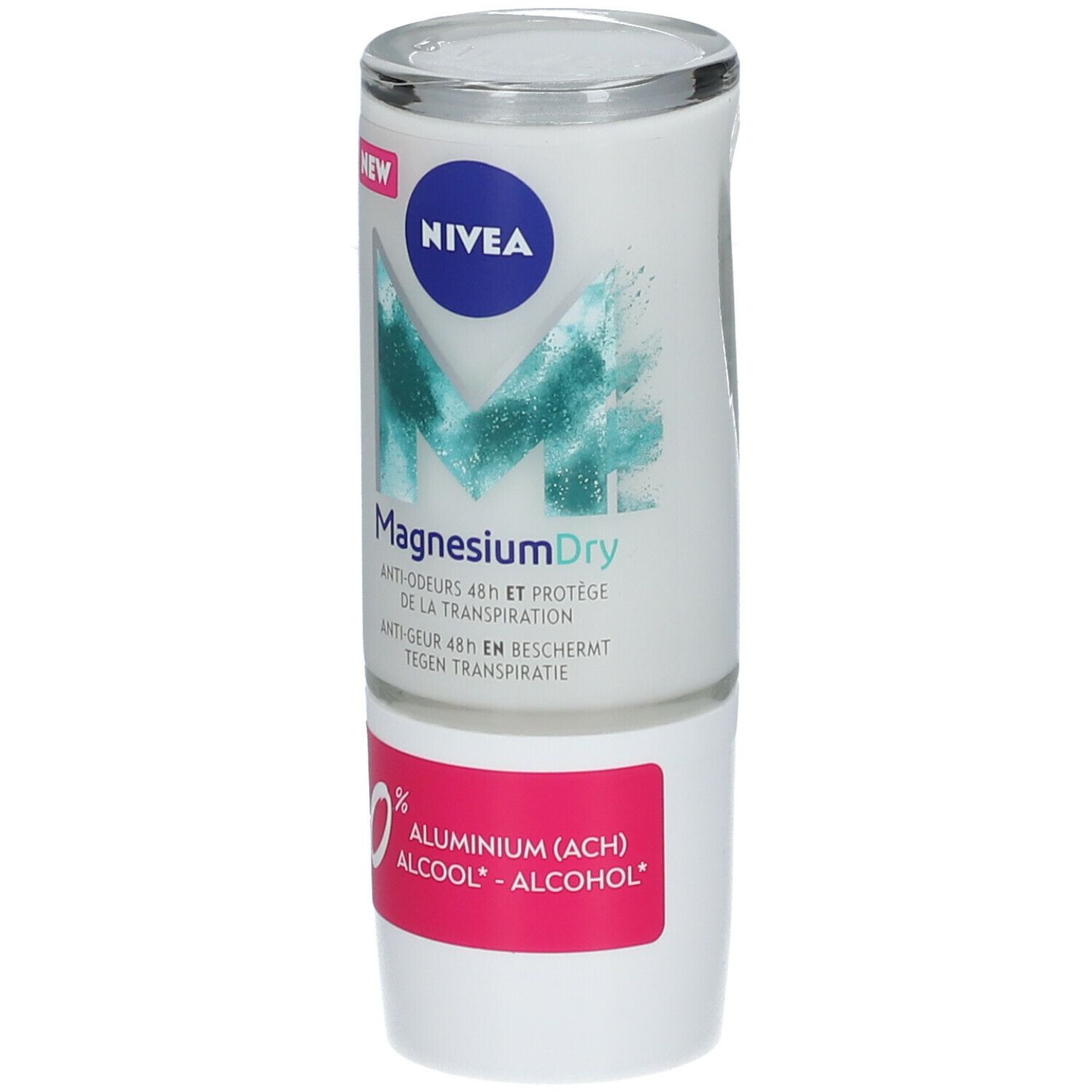 Roll-on-Deodorant. Weißes Gehäuse mit blauem Logo und Schriftzug MagnesiumDry. Pinkfarbener Aufkleber mit Text.