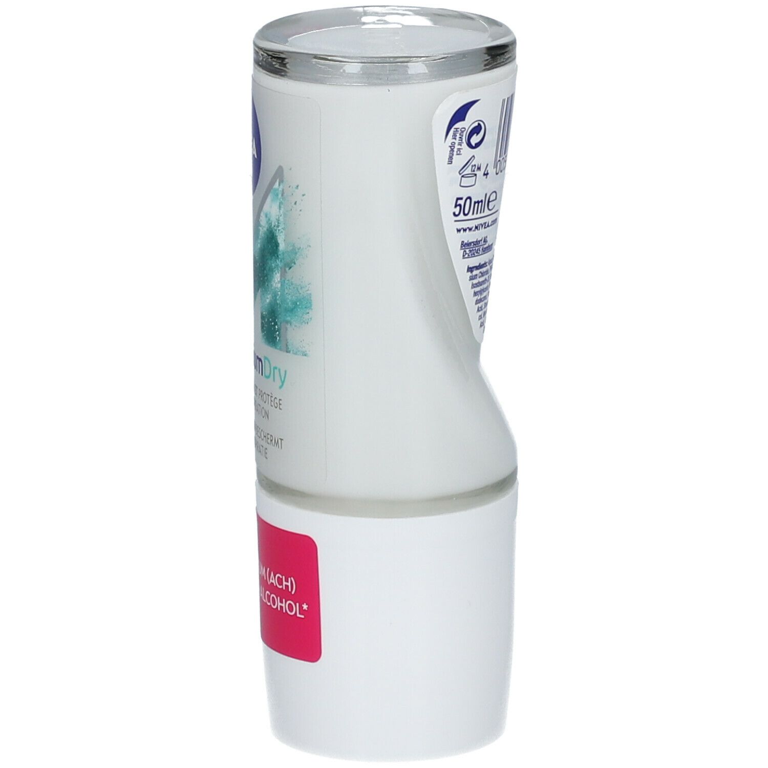 Roll-on-Deodorant. Seitliche Ansicht. Weißes Gehäuse mit silbernem Deckel. Text und Logo.