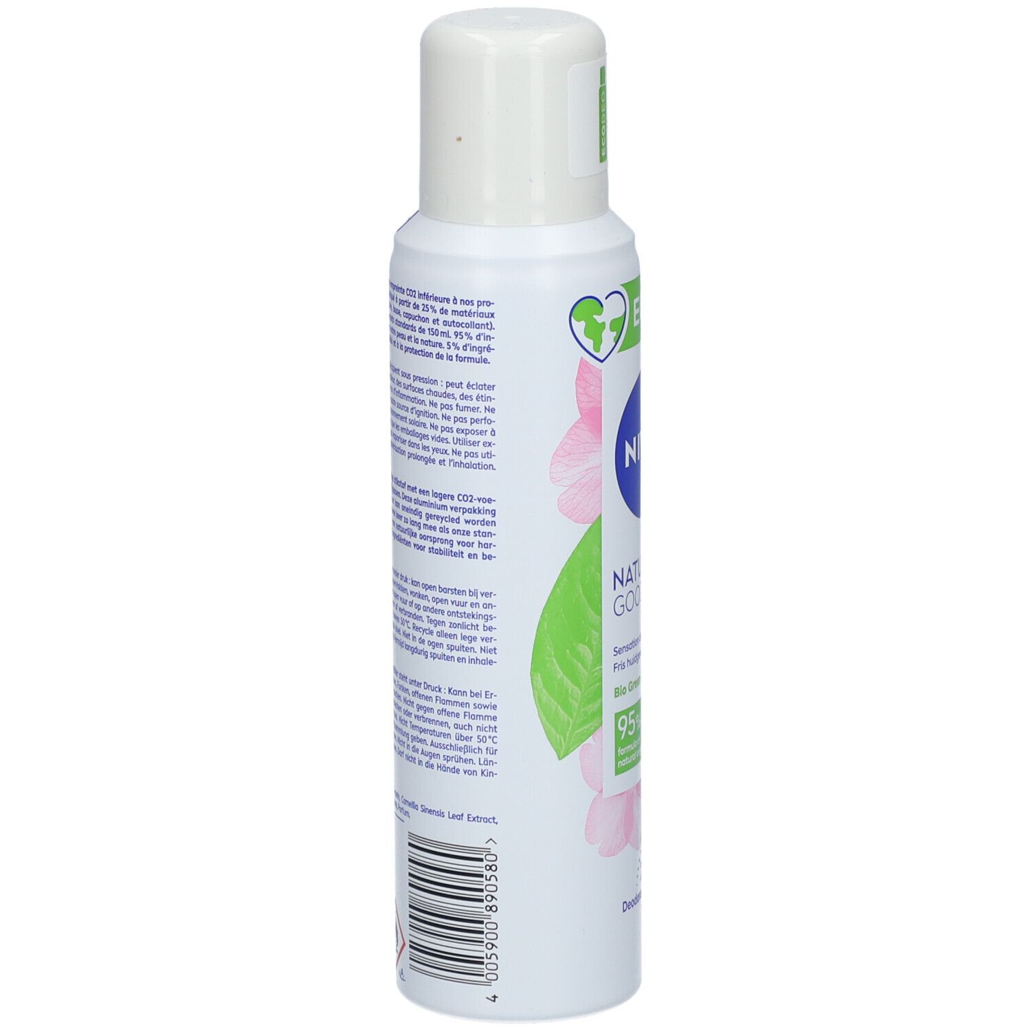 Dos du spray déodorant avec texte. Inscription: NIVEA, Naturally Good. Design avec feuilles vertes et fleurs roses. Code-barres en bas.