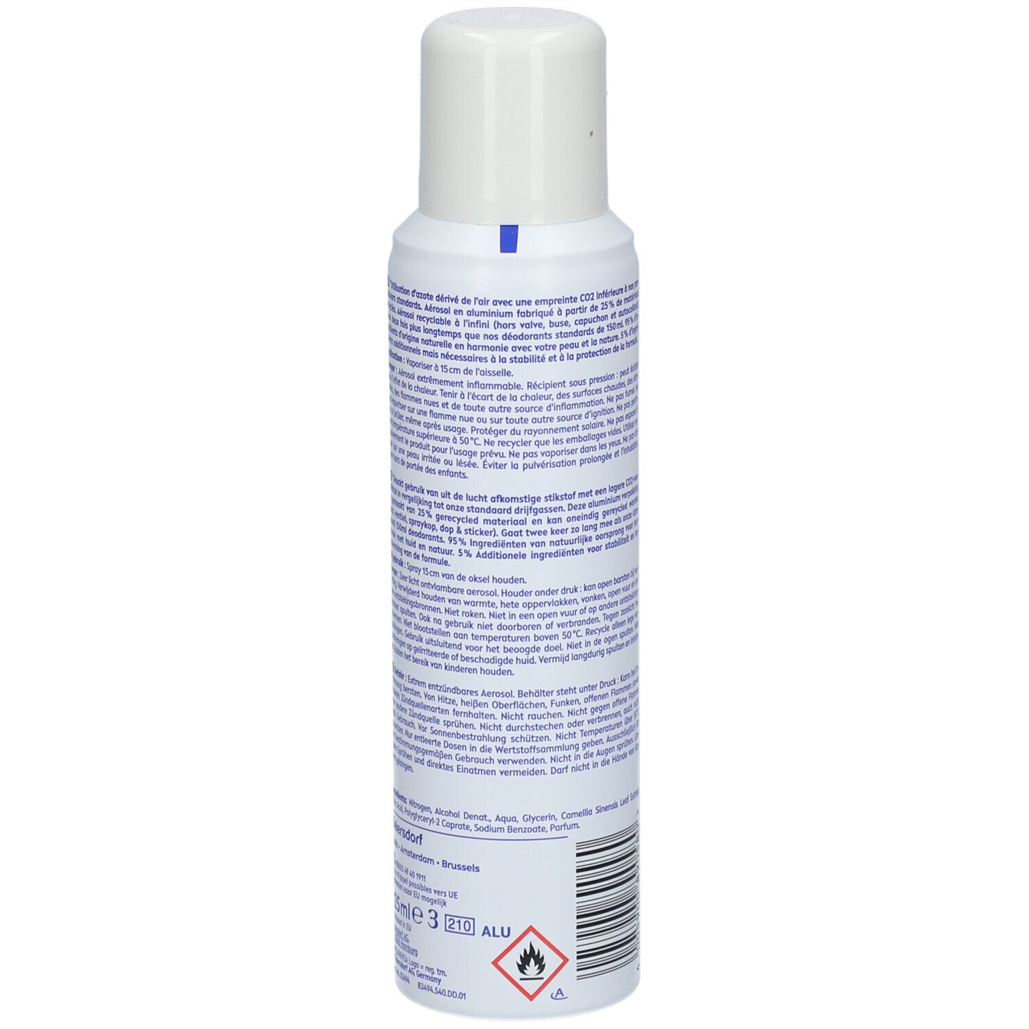 Dos du spray déodorant. Texte multilingue. Avertissement et symbole de recyclage. Code-barres et indication de volume.