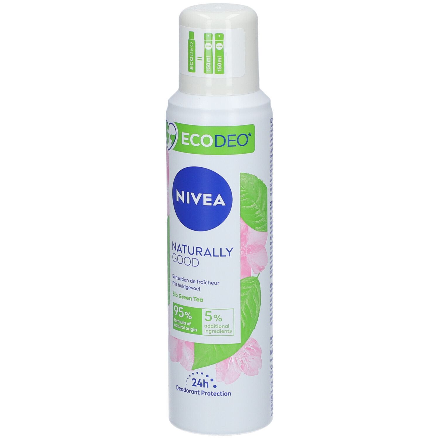 Spray déodorant blanc. Inscriptions: NIVEA, Naturally Good, Eco Deo, 24h Deodorant Protection. Design vert et rose.