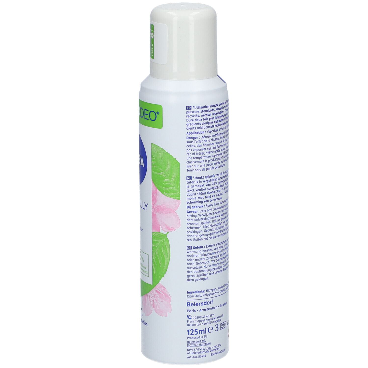 Dos du spray déodorant. Texte multilingue. Inscription: NIVEA, Naturally Good. Indication de volume: 125ml.