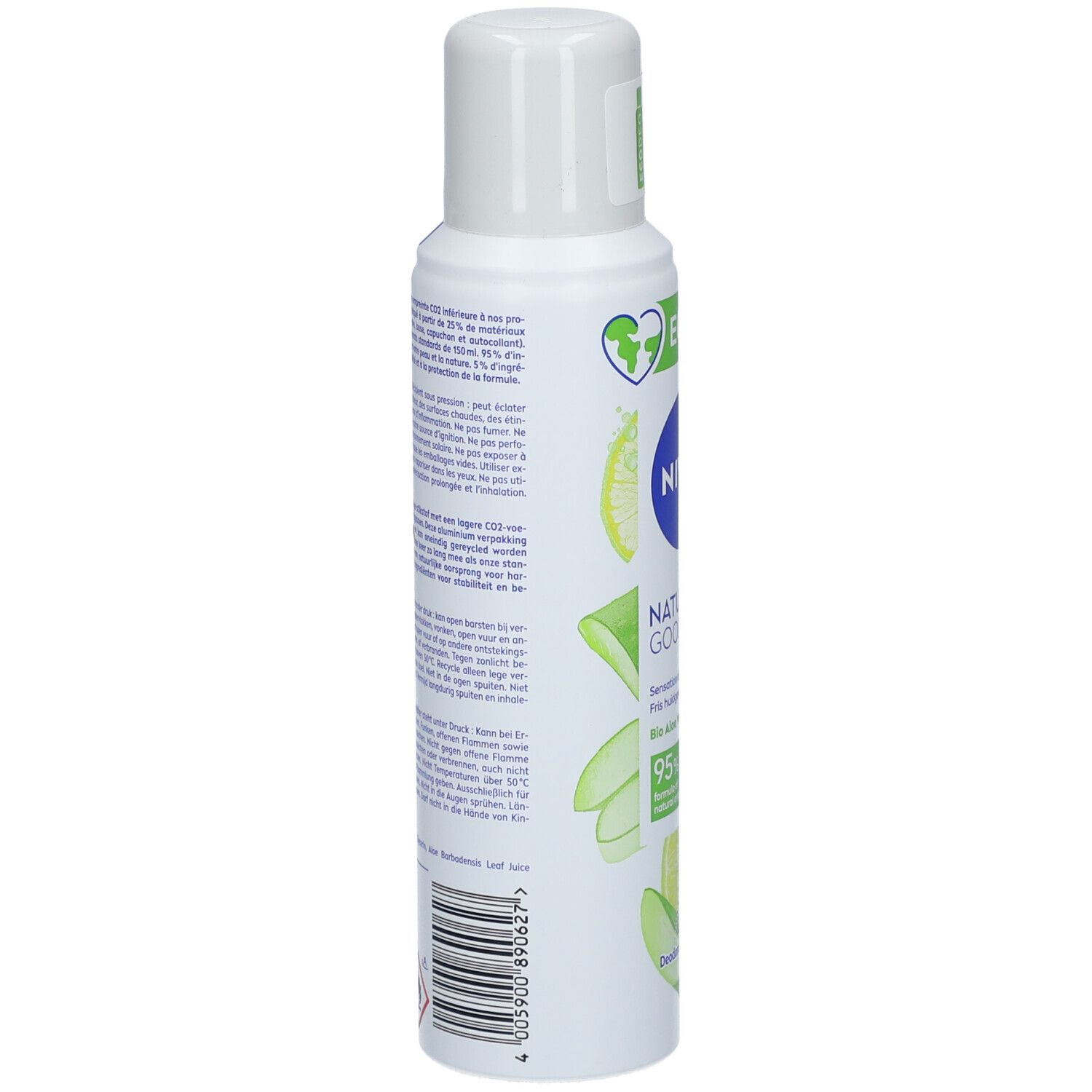 Weißes Deodorant-Spray von NIVEA, Seitenansicht. Grünes Etikett mit Text und Abbildungen von Aloe Vera und Zitrone.