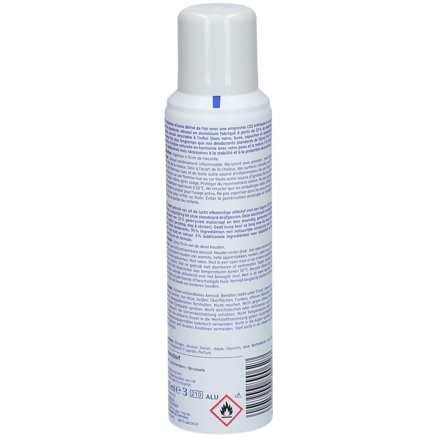 Rückseite des weißen NIVEA Deodorant-Sprays. Text in mehreren Sprachen. Barcode und Warnhinweis.