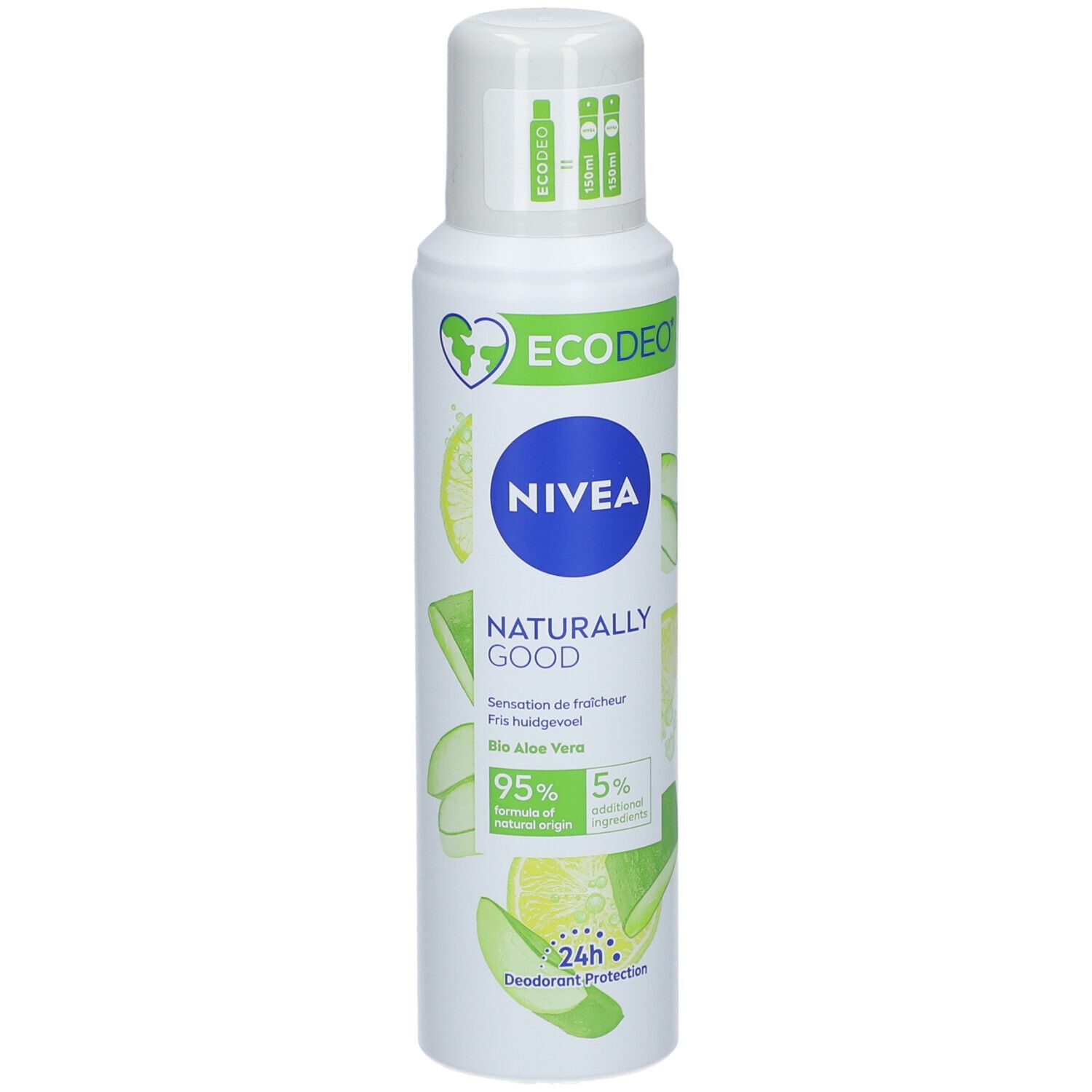 Weißes Deodorant-Spray von NIVEA mit grünem Etikett. Aufschrift: Naturally Good, Bio Aloe Vera. 24h Schutz.