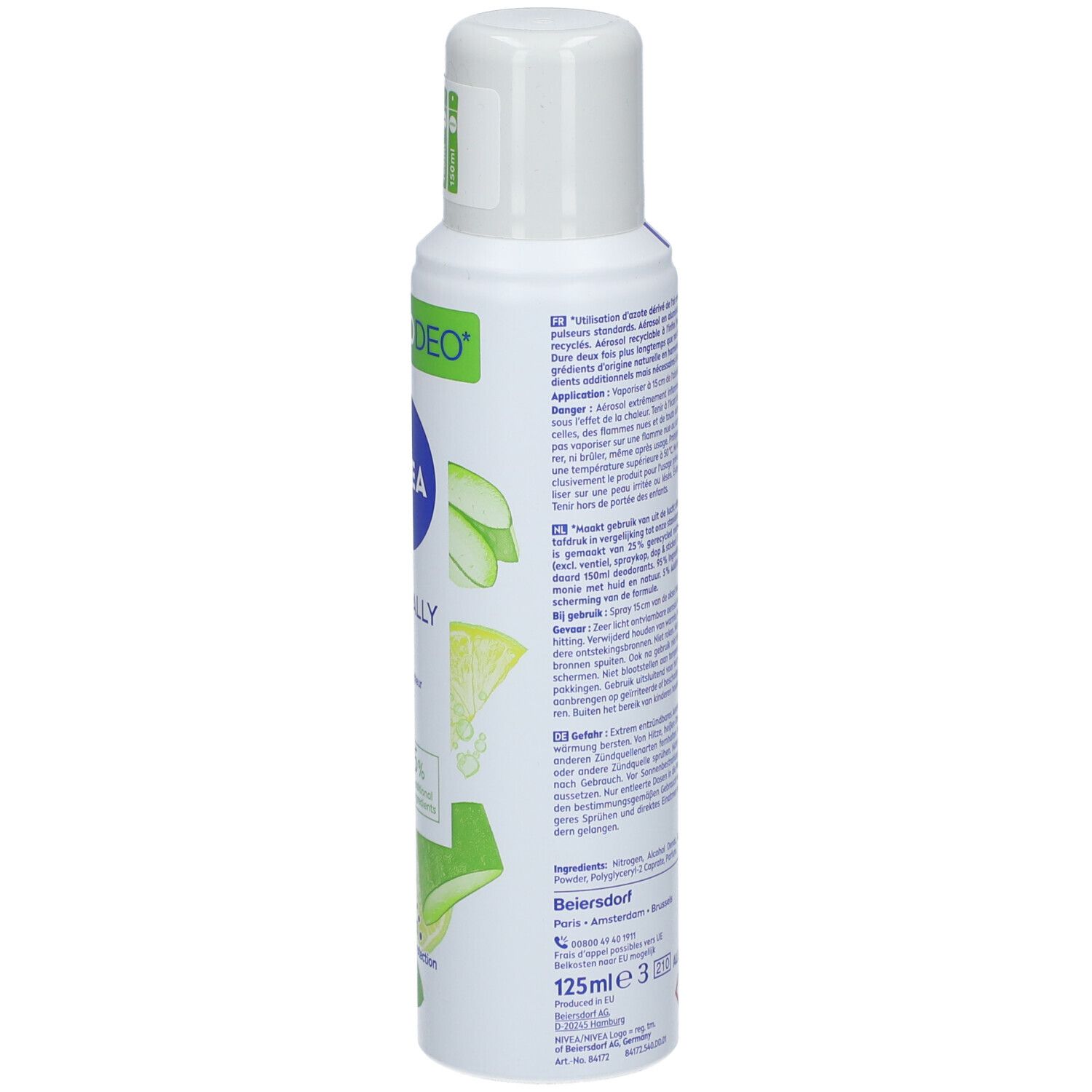 Rückseite des weißen NIVEA Deodorant-Sprays. Text in mehreren Sprachen. Barcode und Warnhinweis.
