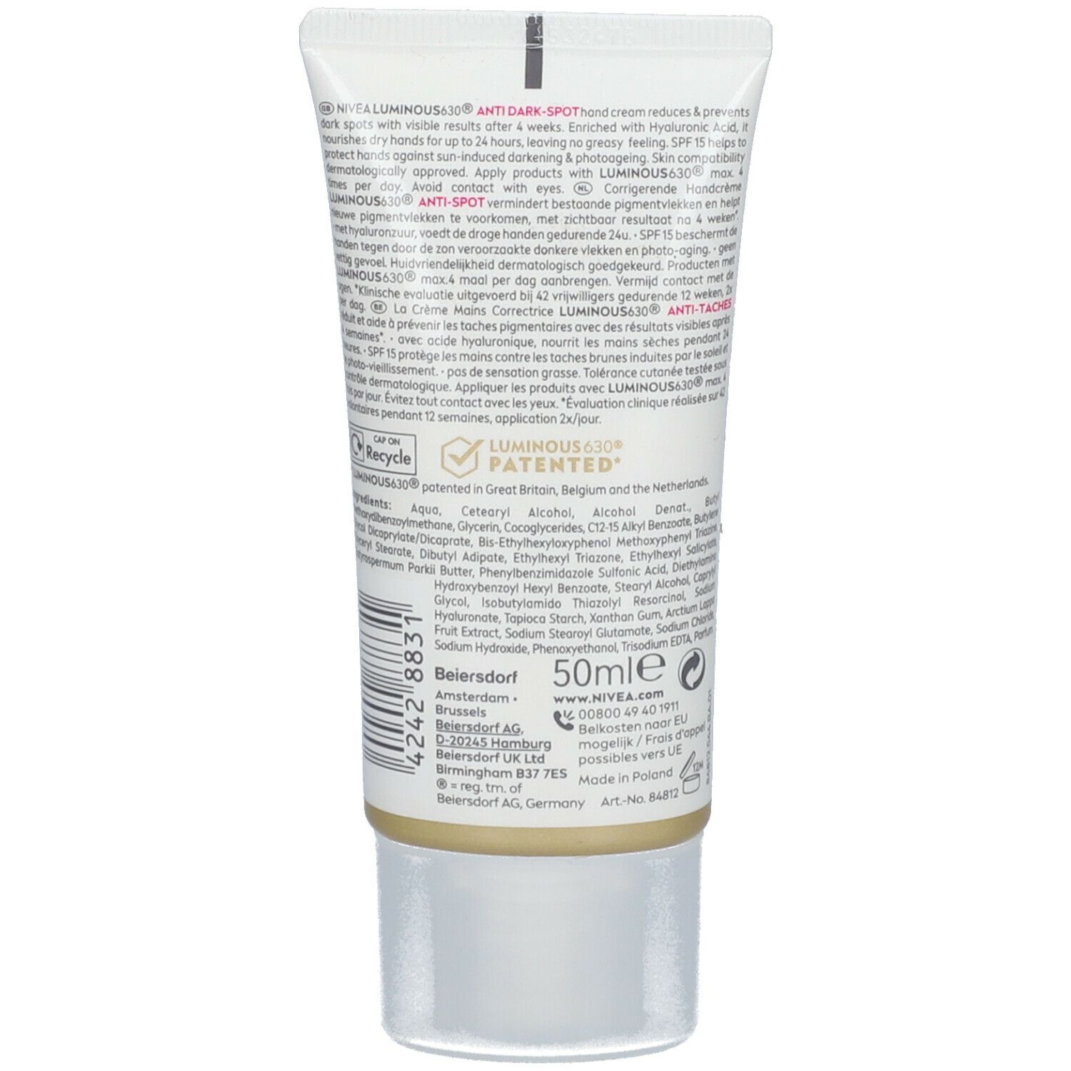 Dos du tube. Texte: LUMINOUS630 Crème Mains Anti-taches. Ingrédients, informations fabricant, 50ml, symbole de recyclage.