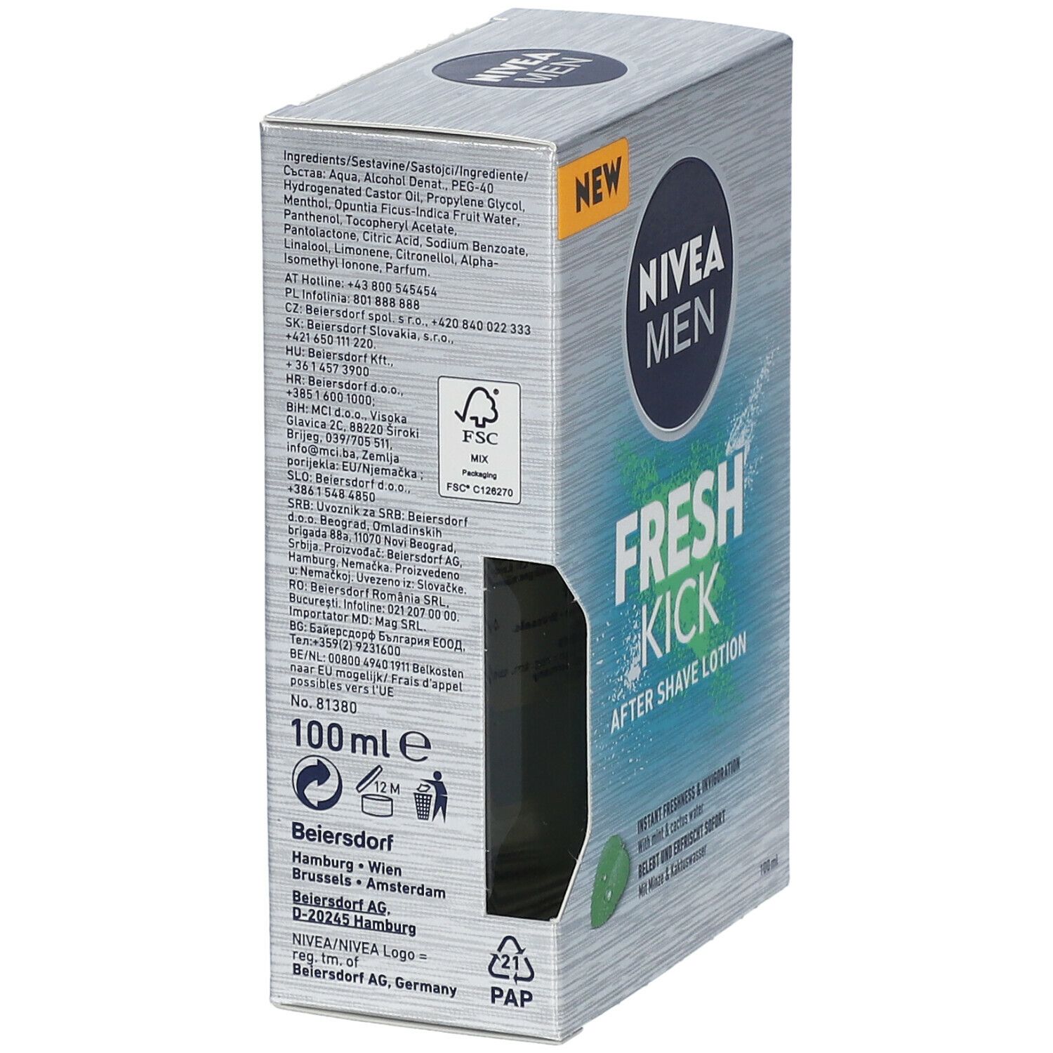 Seitenansicht der Schachtel NIVEA MEN Fresh Kick After Shave Lotion. Enthält Inhaltsstoffe und Herstellerinformationen. 100ml.