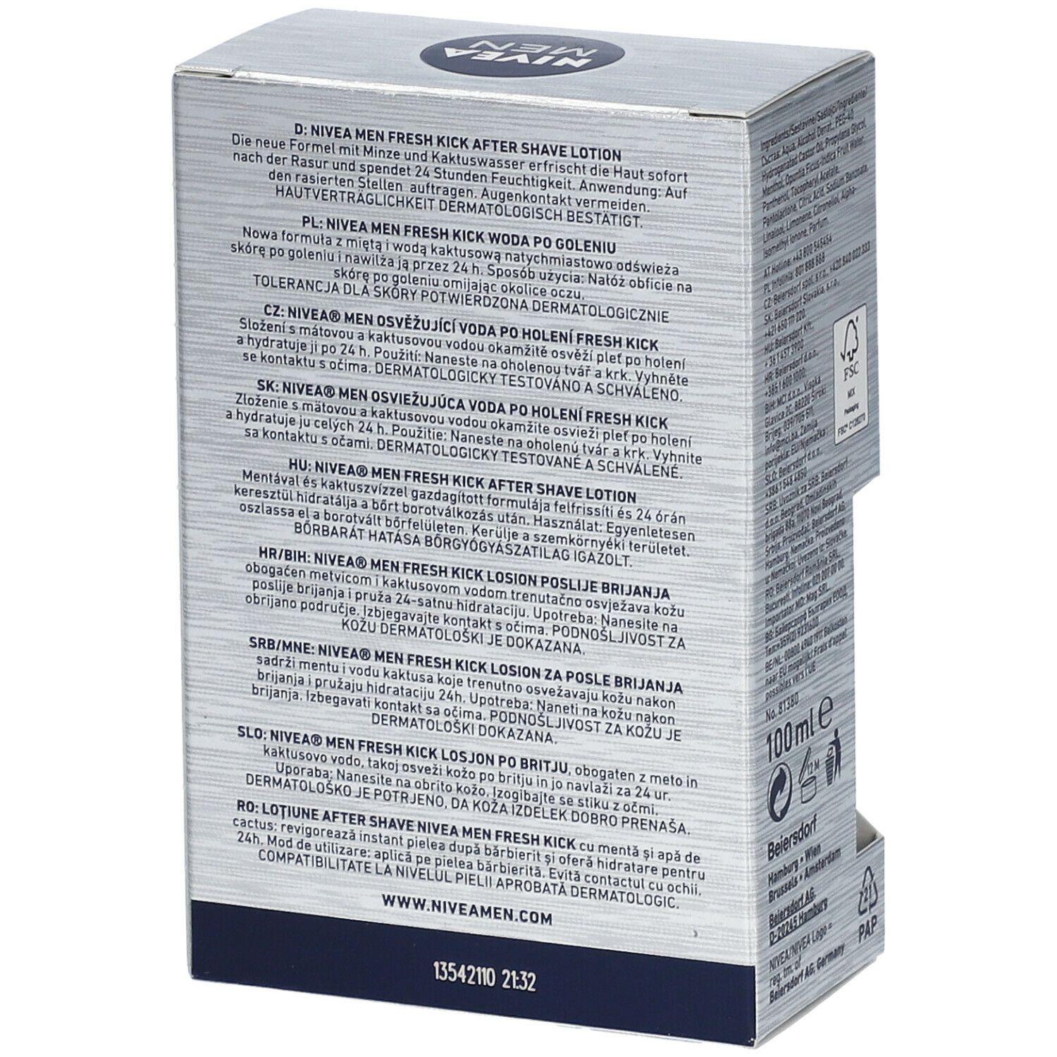 Rückseite der Schachtel NIVEA MEN Fresh Kick After Shave Lotion. Mehrsprachige Produktinformationen. 100ml.