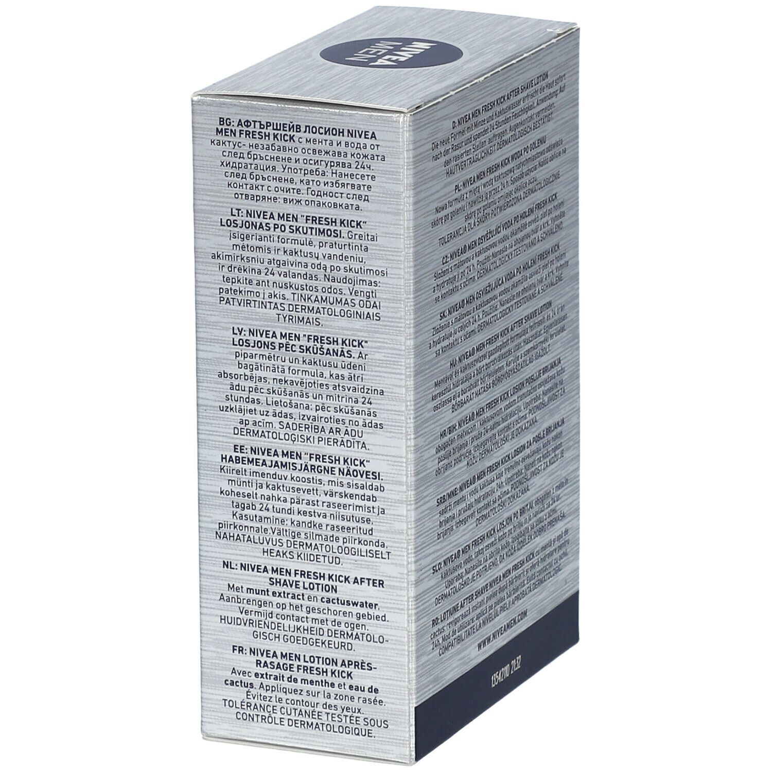 Schachtel NIVEA MEN Fresh Kick After Shave Lotion. Mehrsprachige Produktinformationen. 100ml.