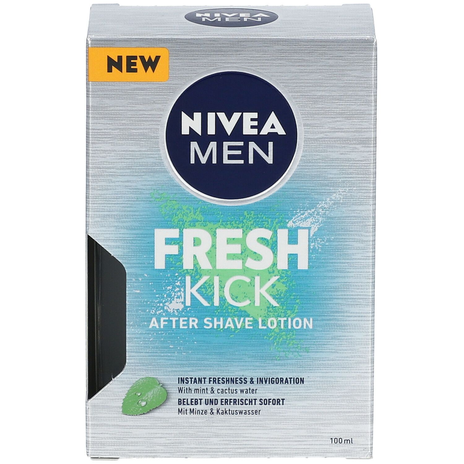 Vorderansicht der Schachtel NIVEA MEN Fresh Kick After Shave Lotion. Logo, Produktname und Inhaltsangabe. 100ml.