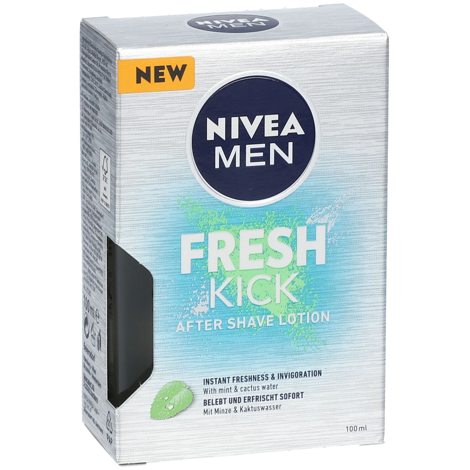 Schachtel NIVEA MEN Fresh Kick After Shave Lotion. Vorderansicht mit Logo, Produktname und Inhaltsangabe. 100ml.