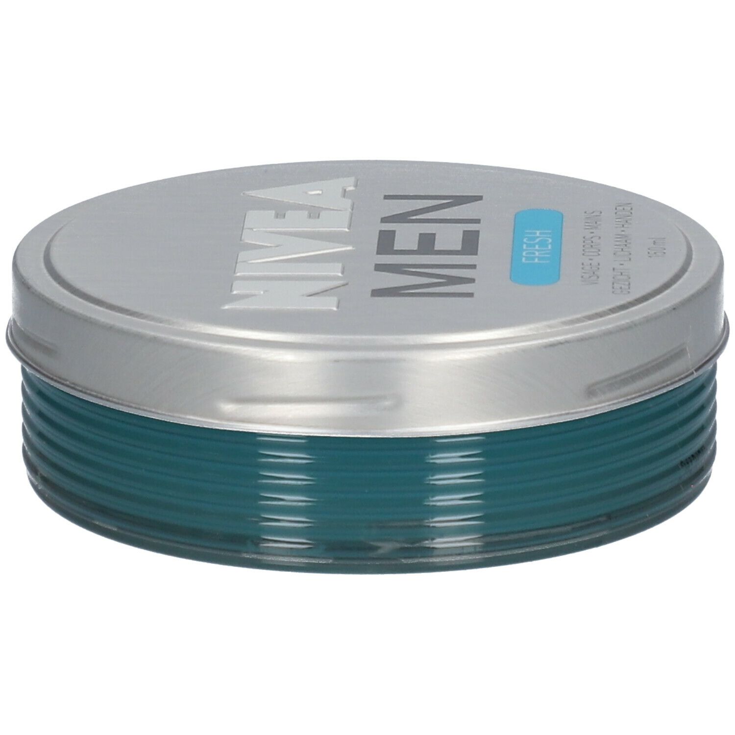 Ronde doos met zilveren deksel en blauwe inhoud. Op het deksel staat "NIVEA MEN FRESH".