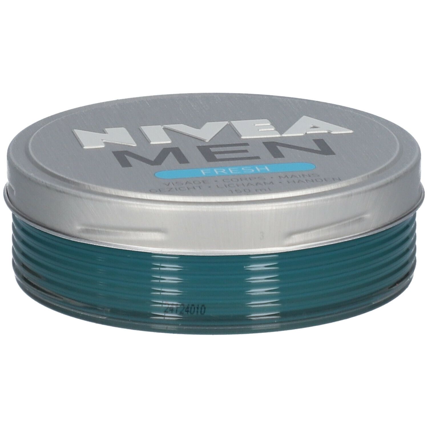 Ronde doos met zilveren deksel en blauwe inhoud. Op het deksel staat "NIVEA MEN FRESH".