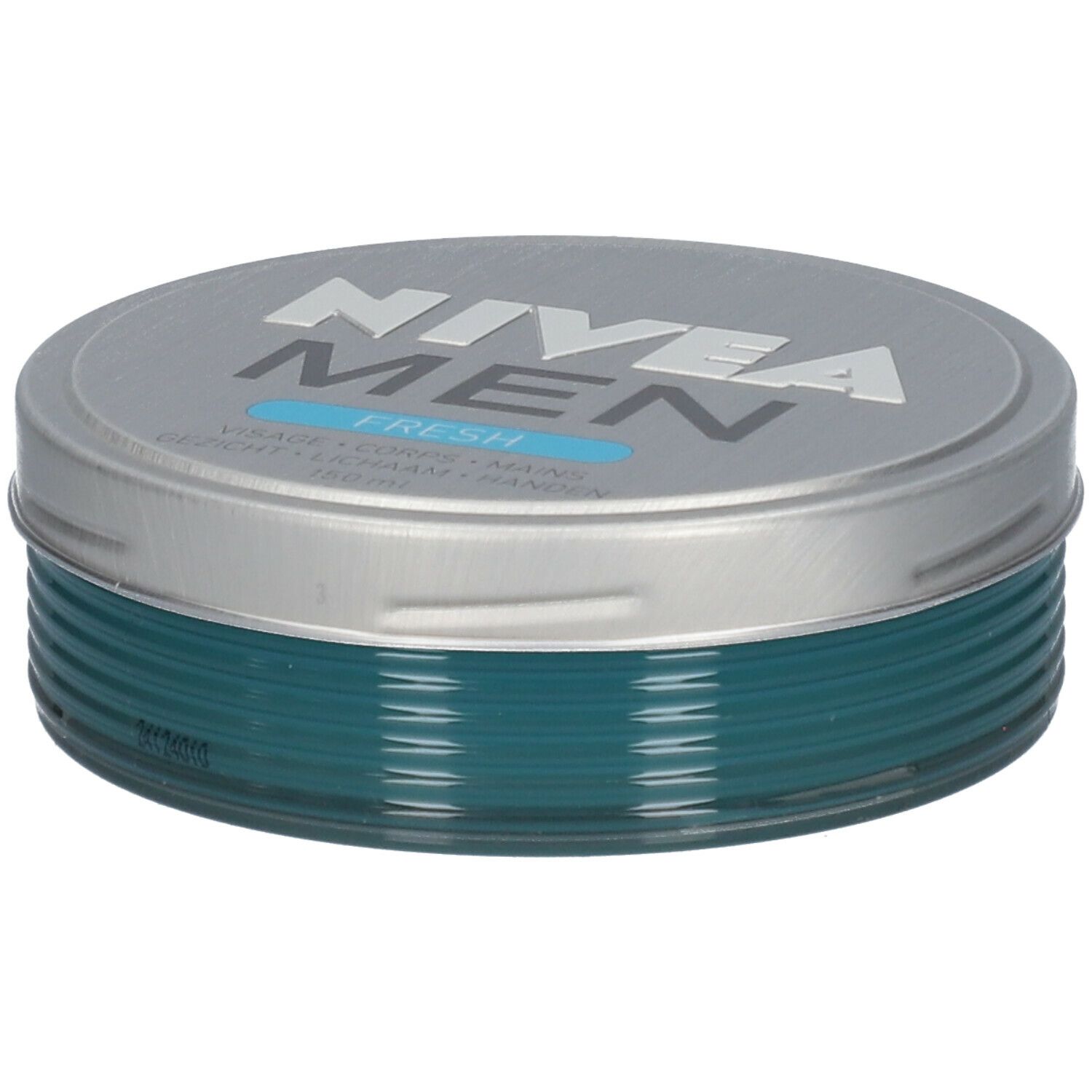 Ronde doos met zilveren deksel en blauwe inhoud. Op het deksel staat "NIVEA MEN FRESH".