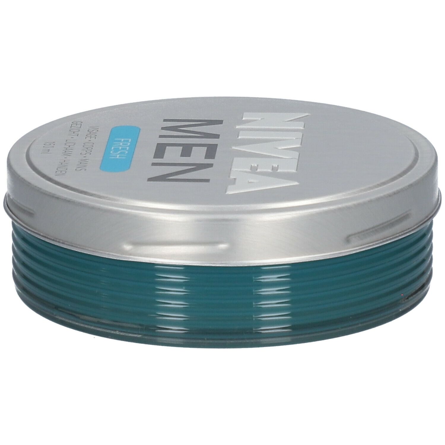Ronde doos met zilveren deksel en blauwe inhoud. Op het deksel staat "NIVEA MEN FRESH".