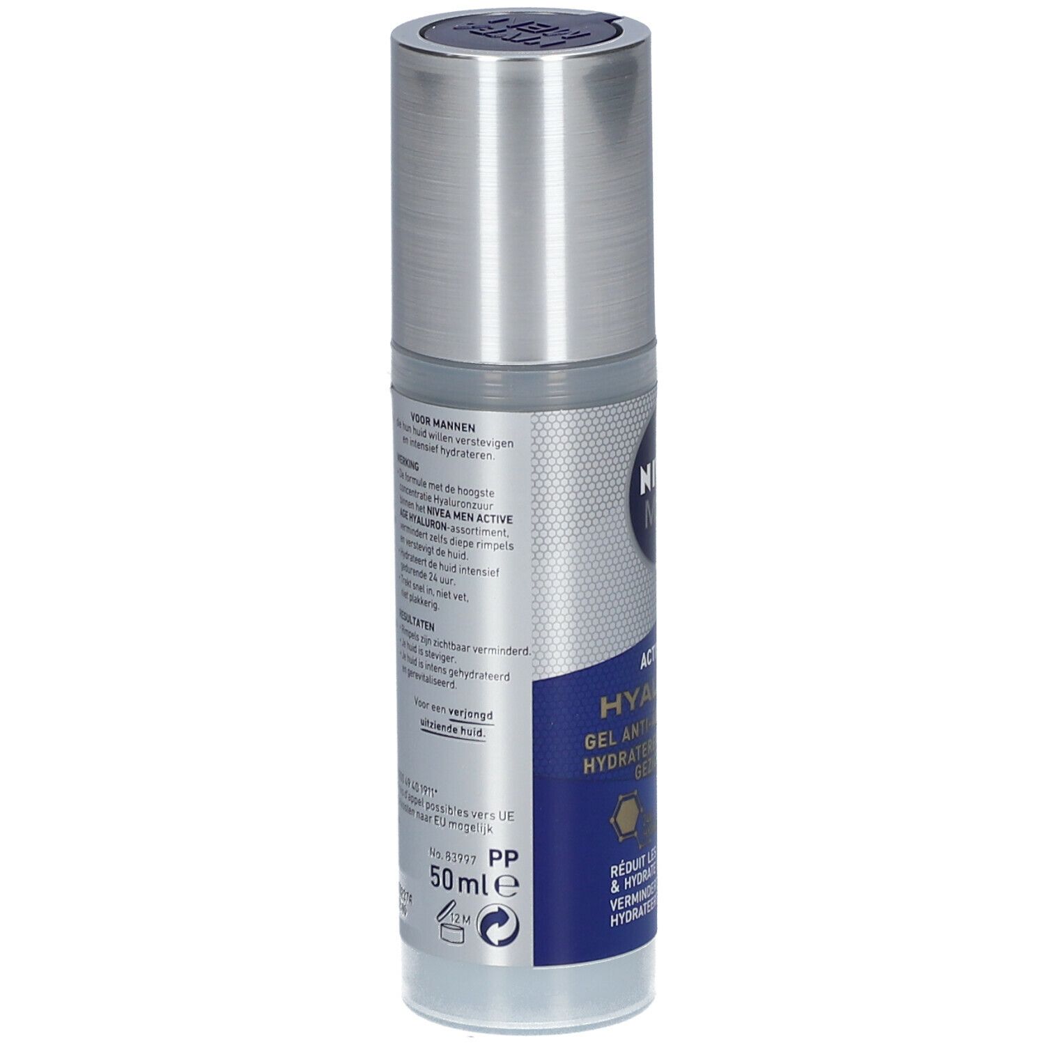 NIVEA MEN Active Age Hyaluron Gel. Rückseite der Flasche. Text: Inhaltsstoffe, Anwendungshinweise, 50 ml.