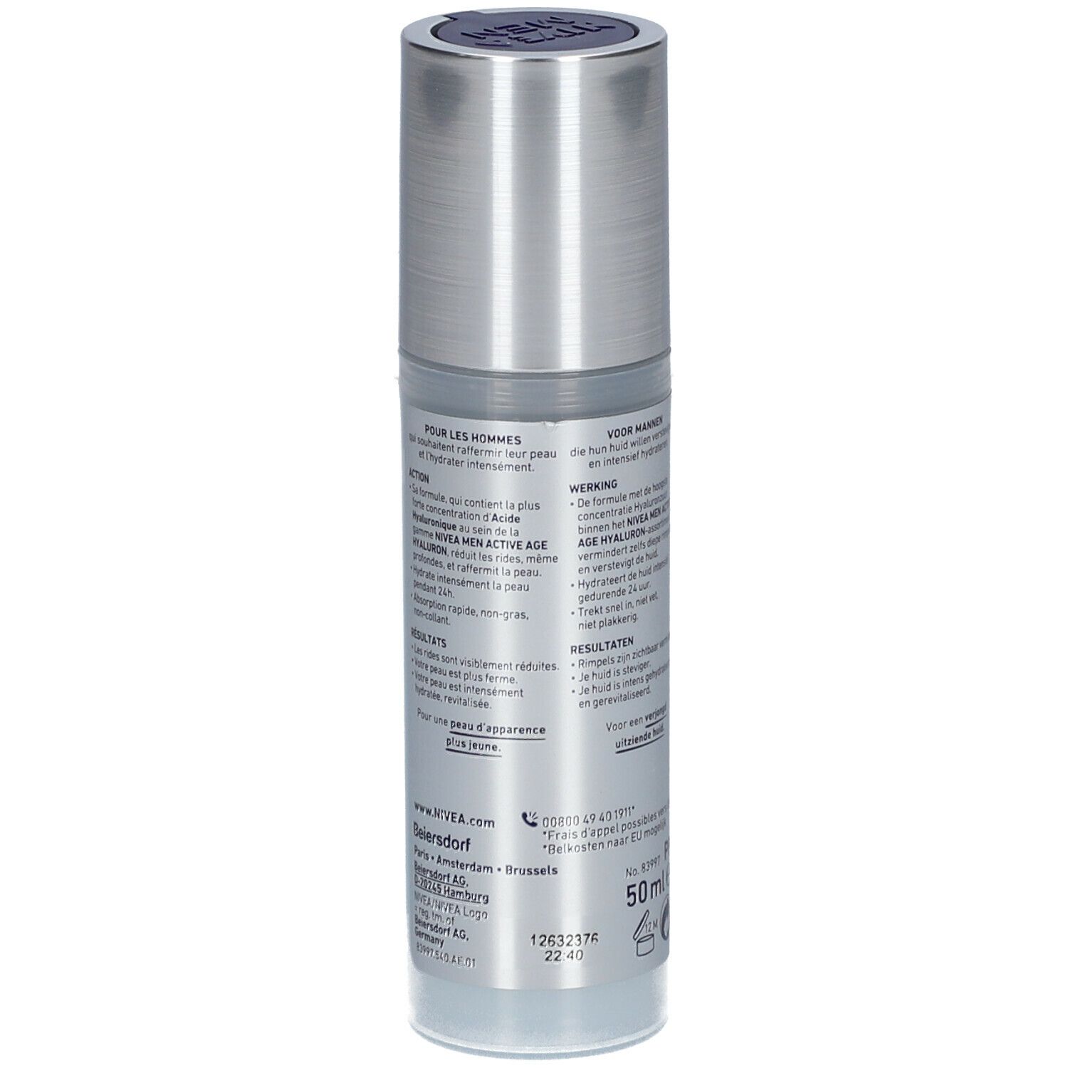 NIVEA MEN Active Age Hyaluron Gel. Rückseite der Flasche. Text: Anwendung, Ergebnisse, Herstellerinformationen, 50 ml.
