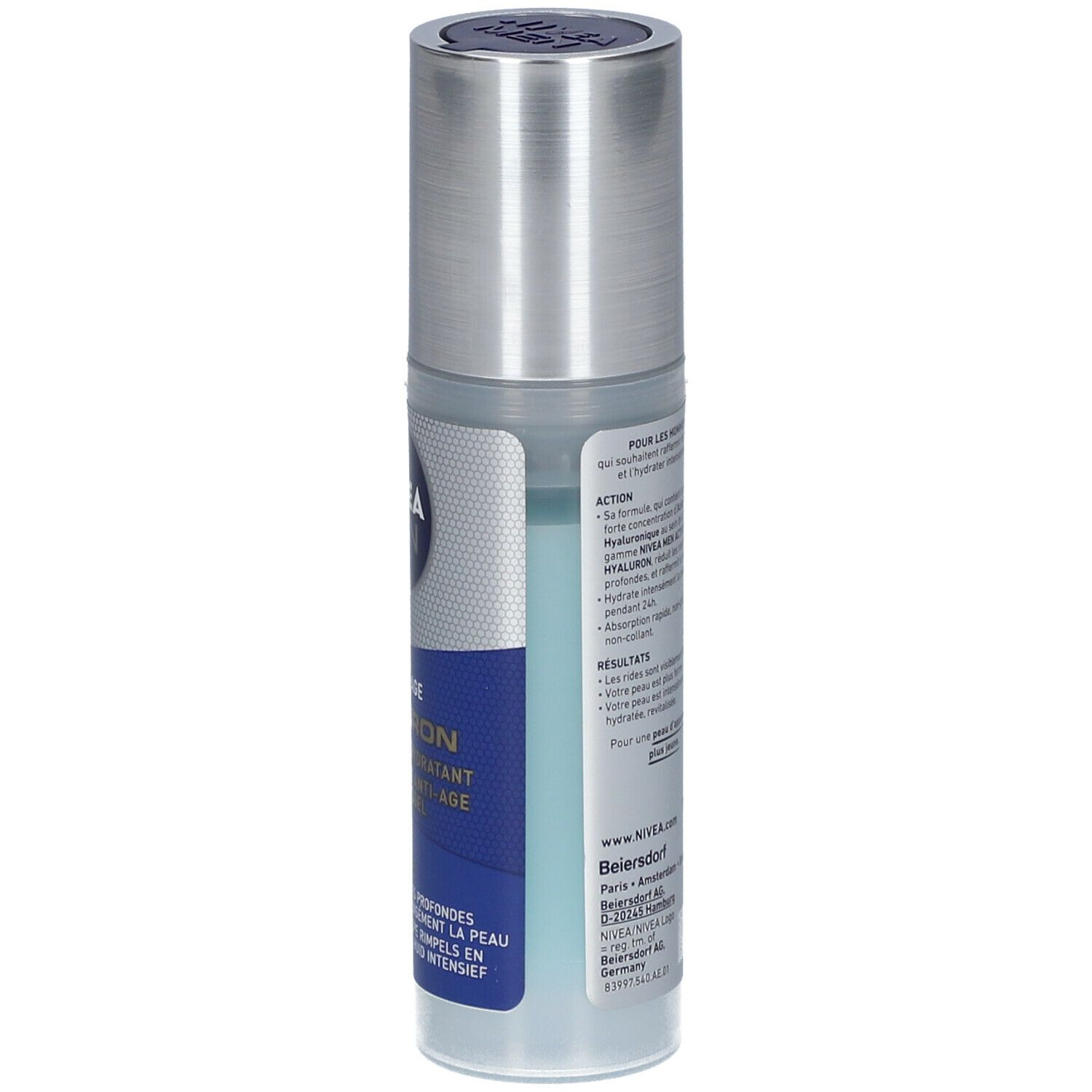 NIVEA MEN Active Age Hyaluron Gel. Rückseite der Flasche. Text: Anwendung, Ergebnisse, Herstellerinformationen, 50 ml.