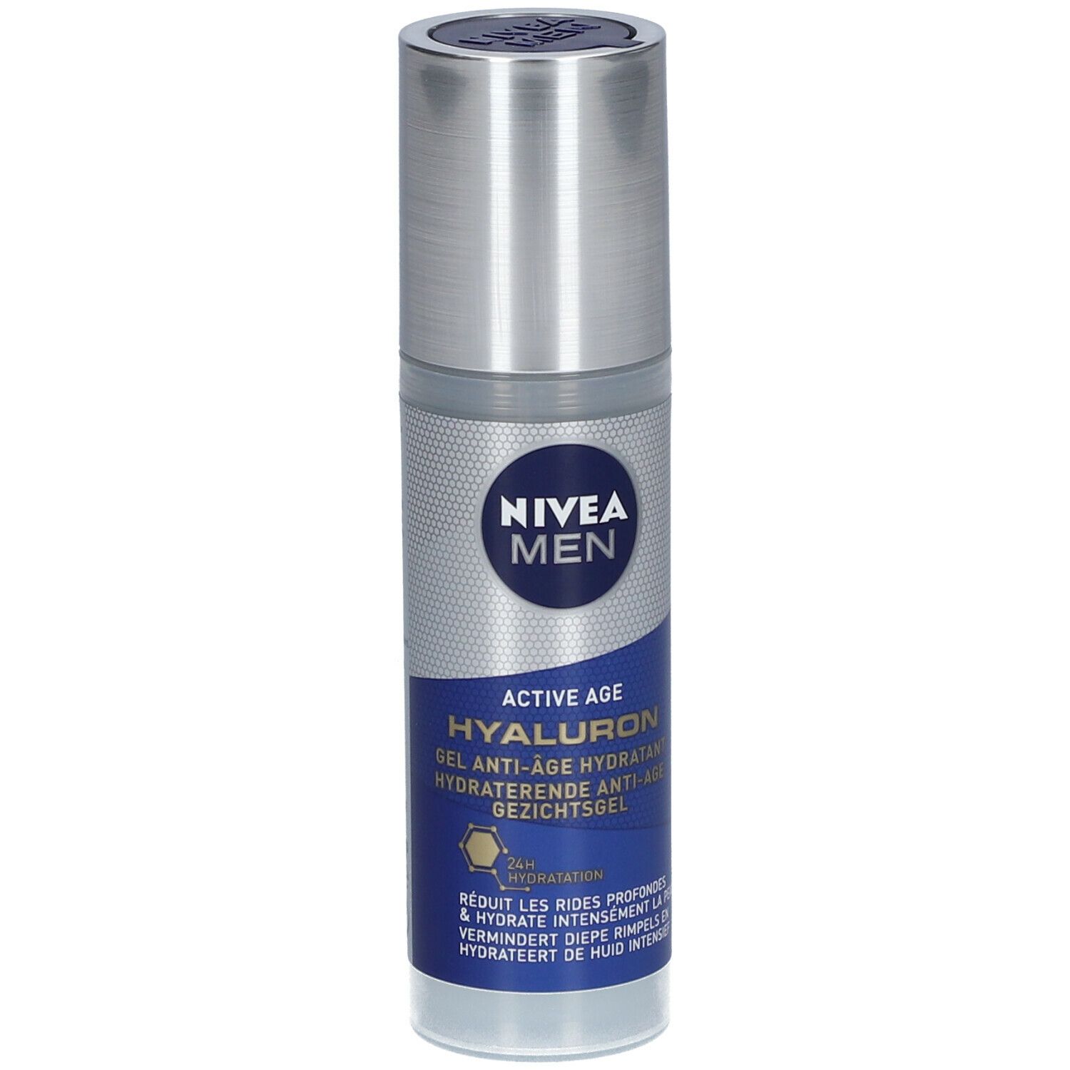 NIVEA MEN Active Age Hyaluron Gel. Flasche mit silbernem Deckel und blauem Etikett. Text: Hyaluron, 24h Hydratation.