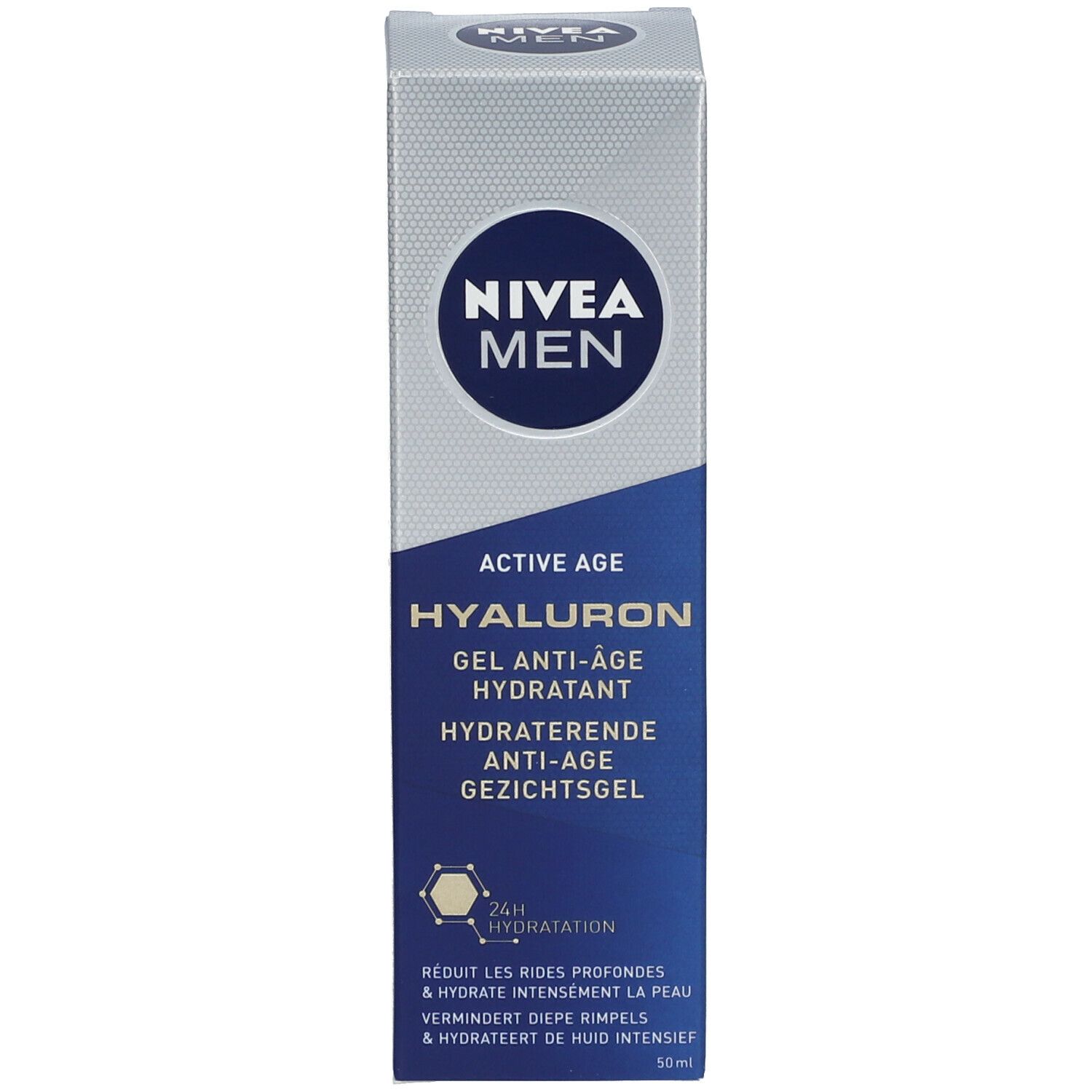 NIVEA MEN Active Age Hyaluron Gel Verpackung. Blaue Schachtel. Text: Hyaluron, 24h Hydratation, 50 ml.