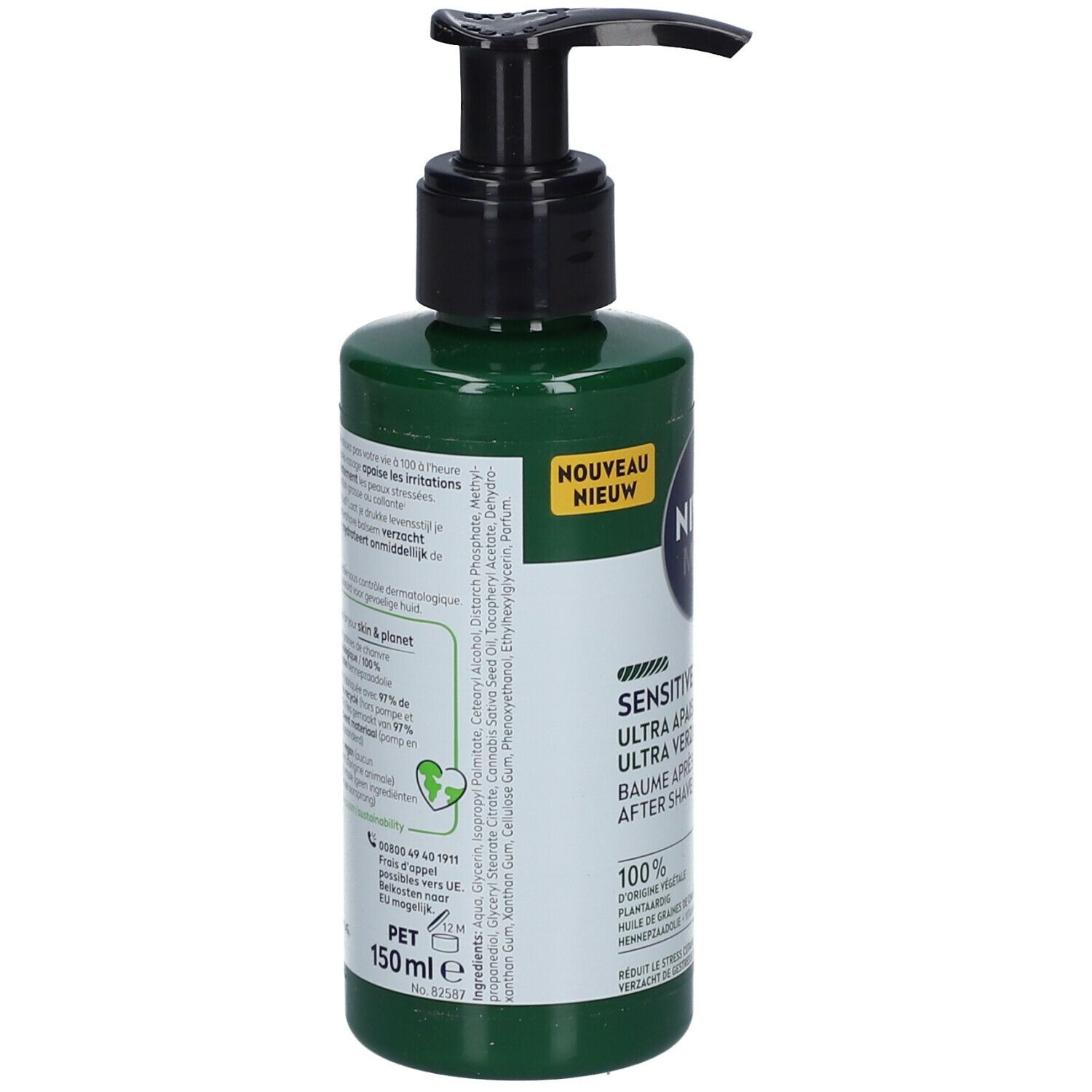 Achterkant groene fles met zwarte pomp. Tekst: ingrediënten, merkinformatie, recyclinglogo, 150 ml.